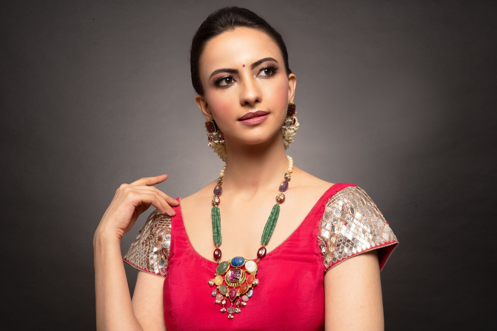 Advita Navratan Long Kundan Necklace Set with Earrings - QUEENS JEWELS
