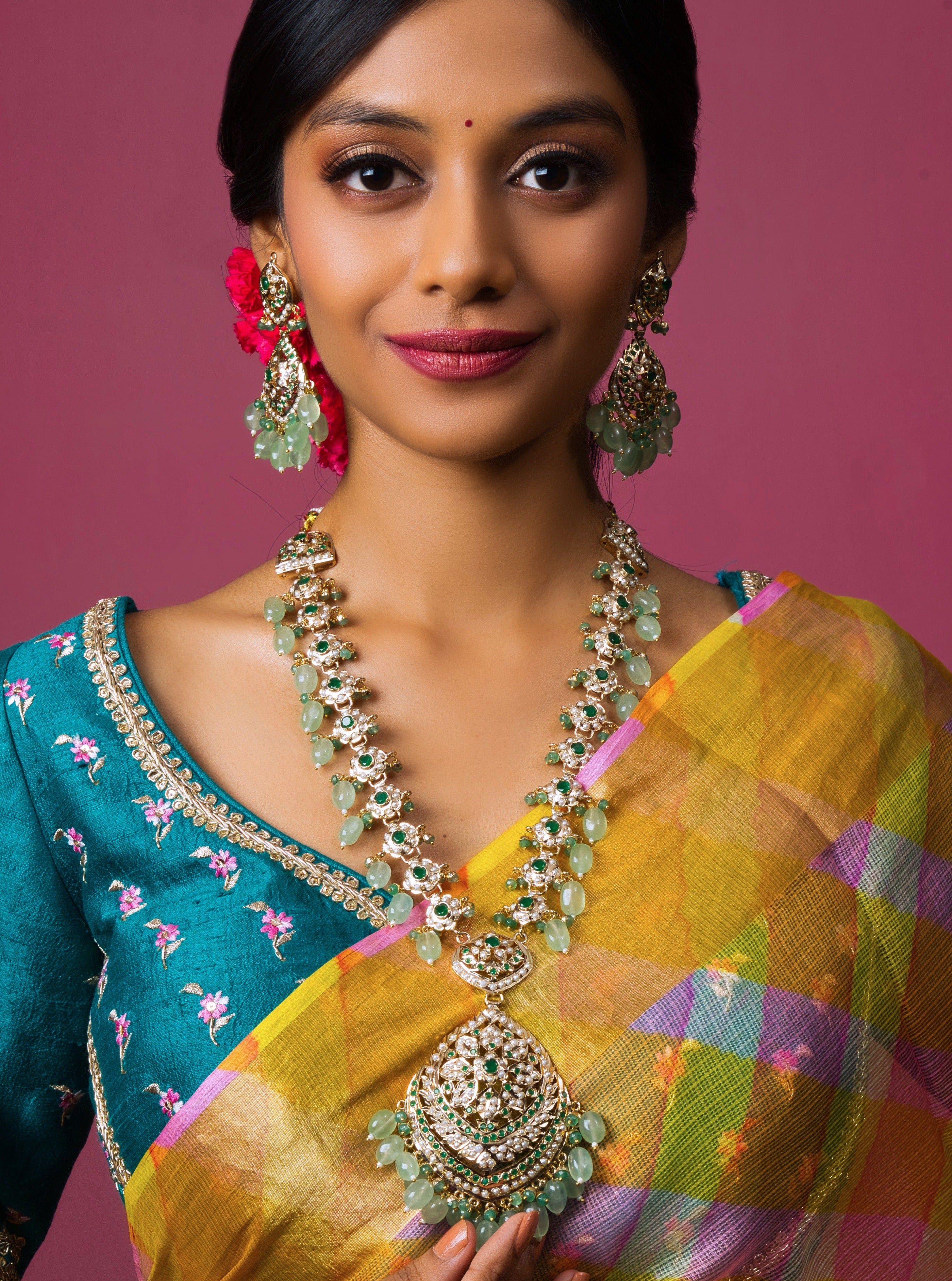 Mint Green Jadau Rani Haar with Chaandbalis - QUEENS JEWELS