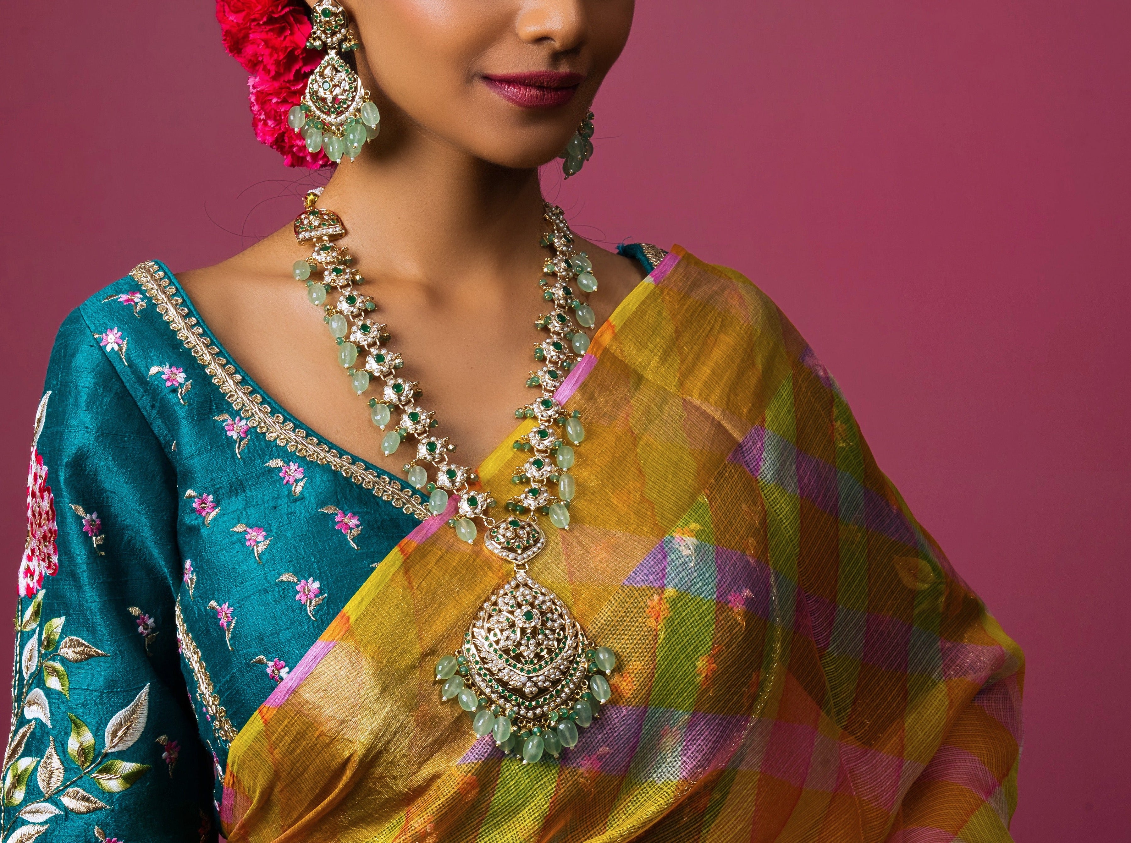 Mint Green Jadau Rani Haar with Chaandbalis - QUEENS JEWELS