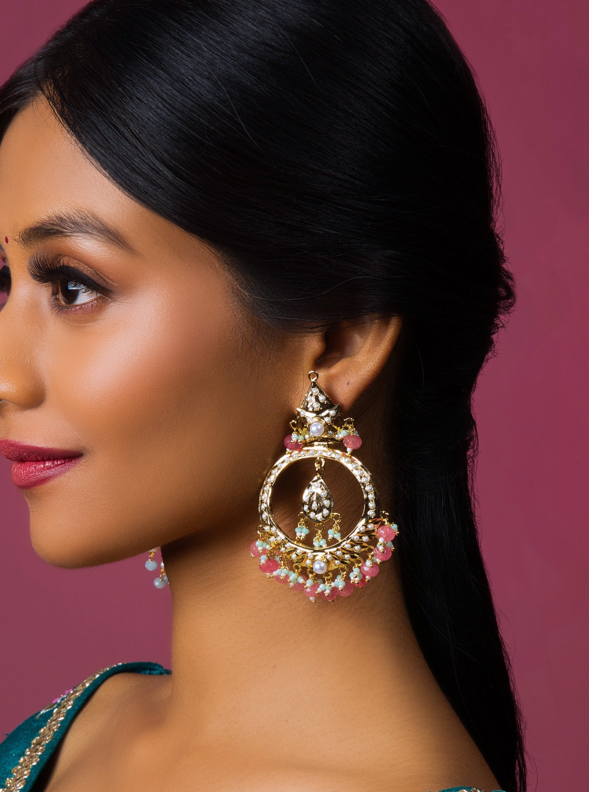 Rose Jadau Chaandbali Earrings - QUEENS JEWELS