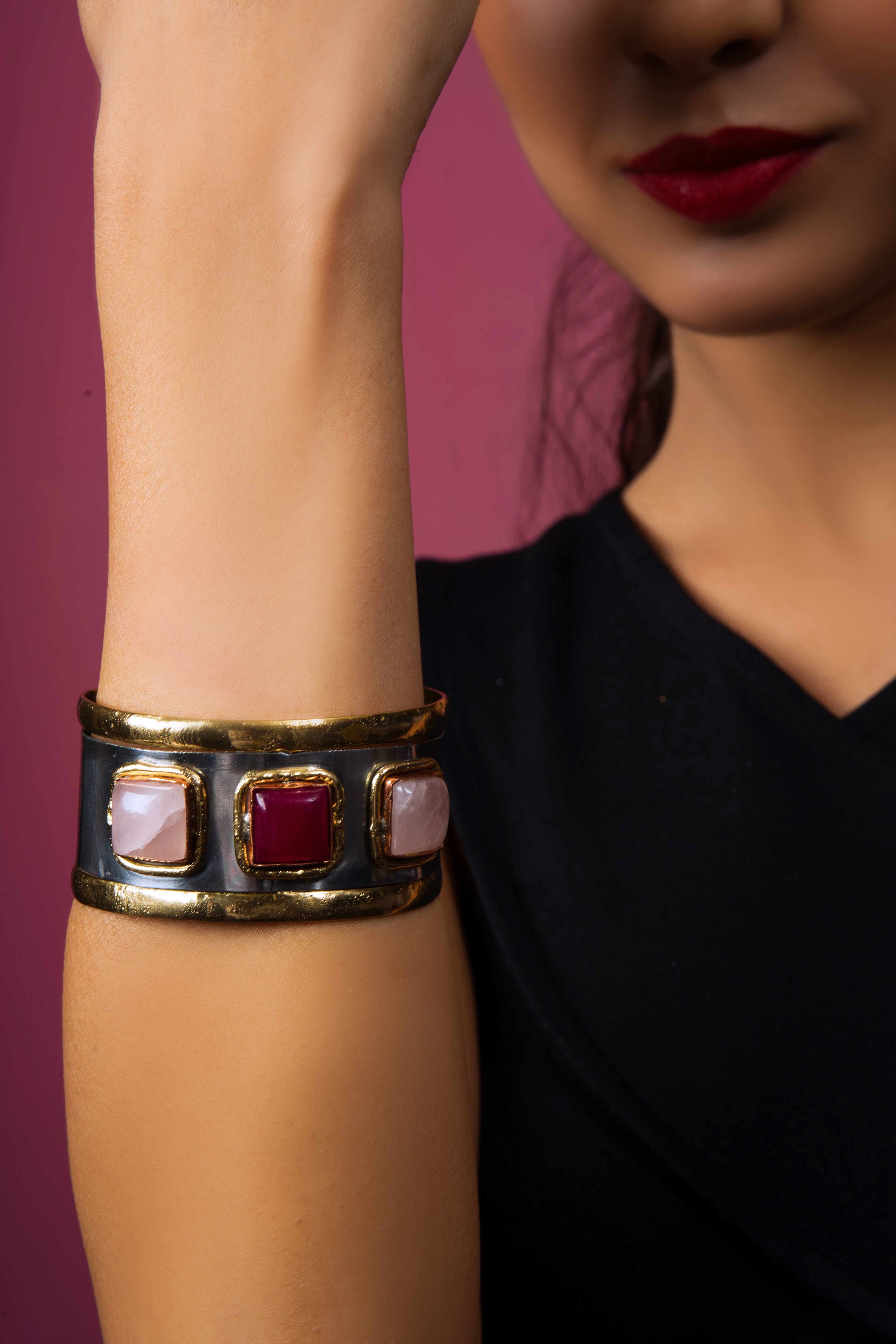 Three Semi Precious Stone Rose Quartz Cuff - QUEENS JEWELS 