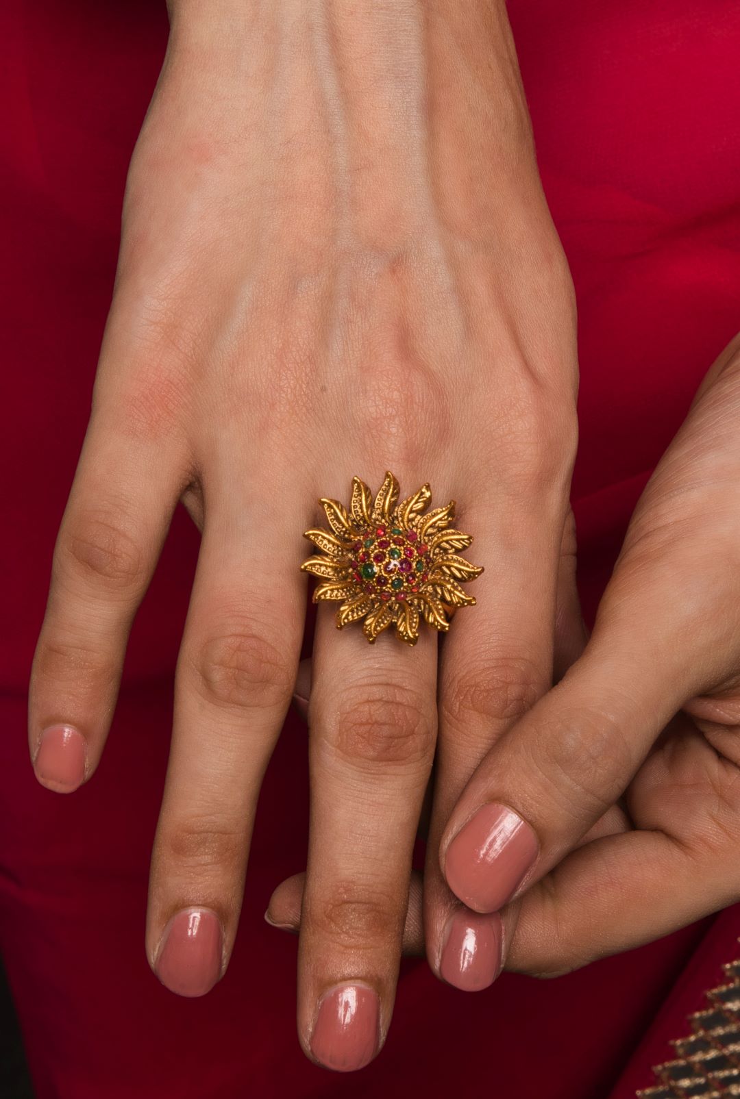 Sun Motif with Ruby Red Stones Temple Adjustable Ring - QUEENS JEWELS