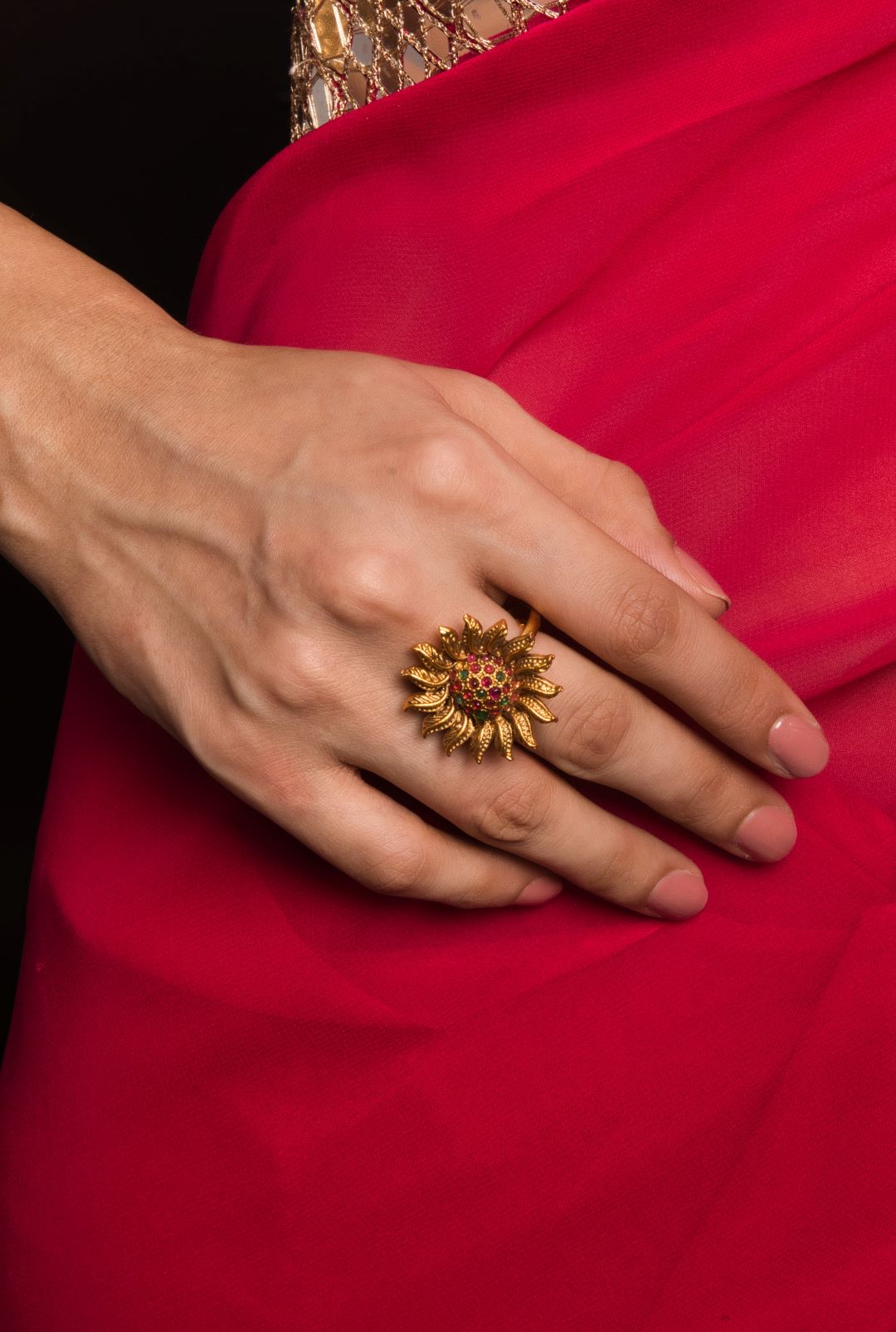 Sun Motif with Ruby Red Stones Temple Adjustable Ring - QUEENS JEWELS