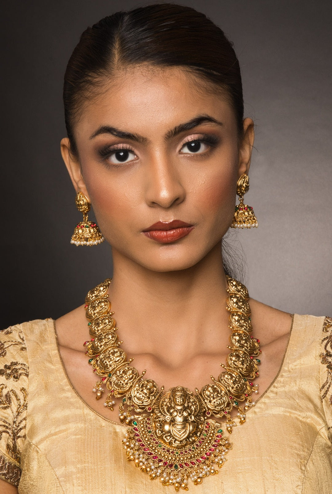 Aabha Lakshmi Motif Temple Necklace Set with Earrings - QUEENS JEWELS