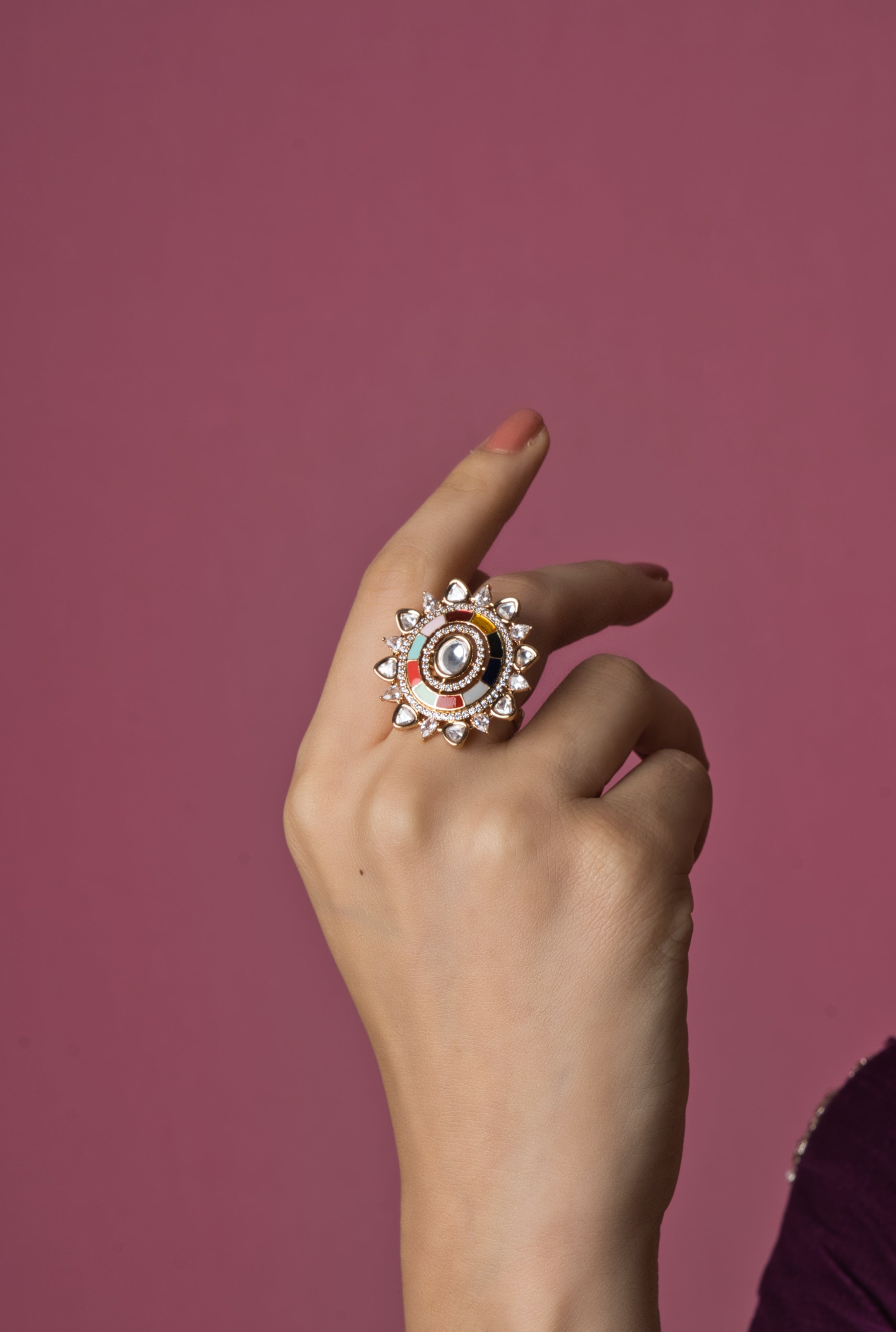 A vibrant and luxurious multicolor Kundan party ring, handcrafted with traditional techniques and featuring colorful gemstones for a festive look.