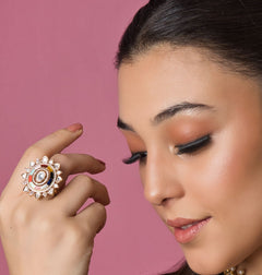 A vibrant and luxurious multicolor Kundan party ring, handcrafted with traditional techniques and featuring colorful gemstones for a festive look.