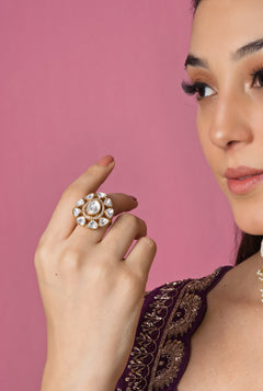 Paisley White Kundan Ring - Adjustable - QUEENS JEWELS 