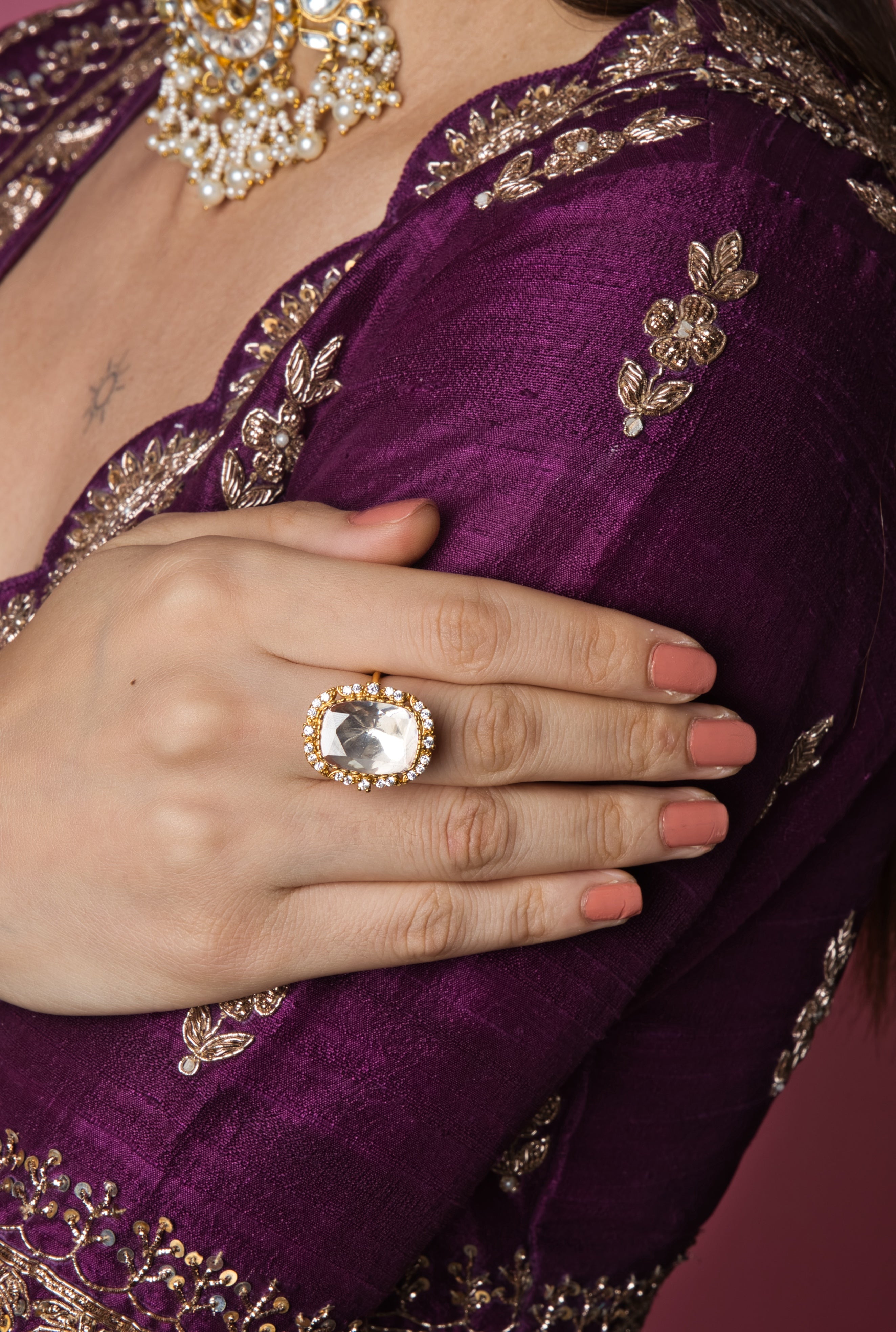 Elegant Grand White Kundan Gold Ring - Perfect for festive occasions, handcrafted with intricate details, adds traditional flair to any outfit.