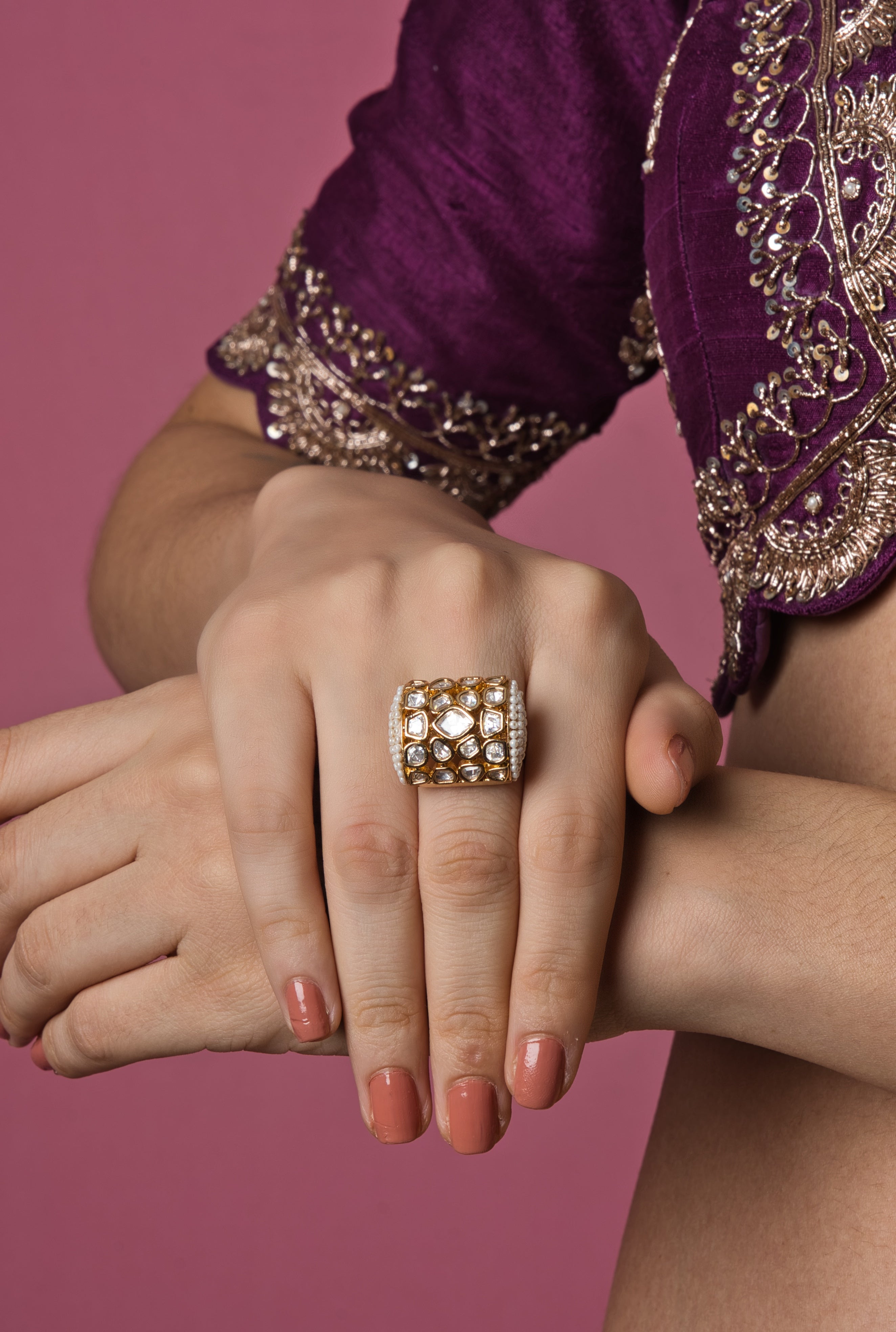 Classic Kundan Cluster Ring with Pearl Embellishments - Adjustable - QUEENS JEWELS