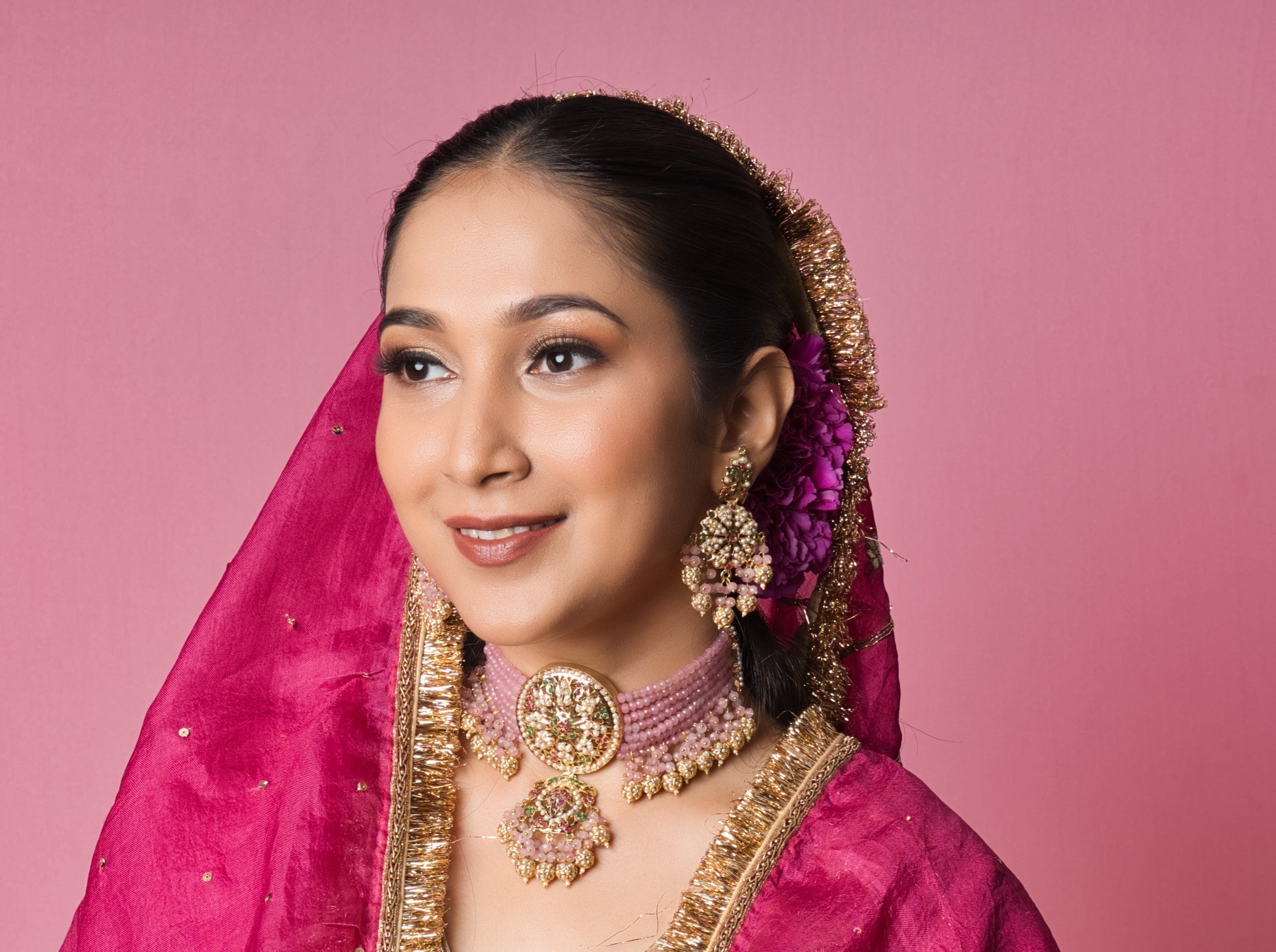 Handcrafted Pink Jadau Earrings and Choker Set, perfect for weddings and festive occasions, featuring an elegant pink choker and intricate jadau earrings.