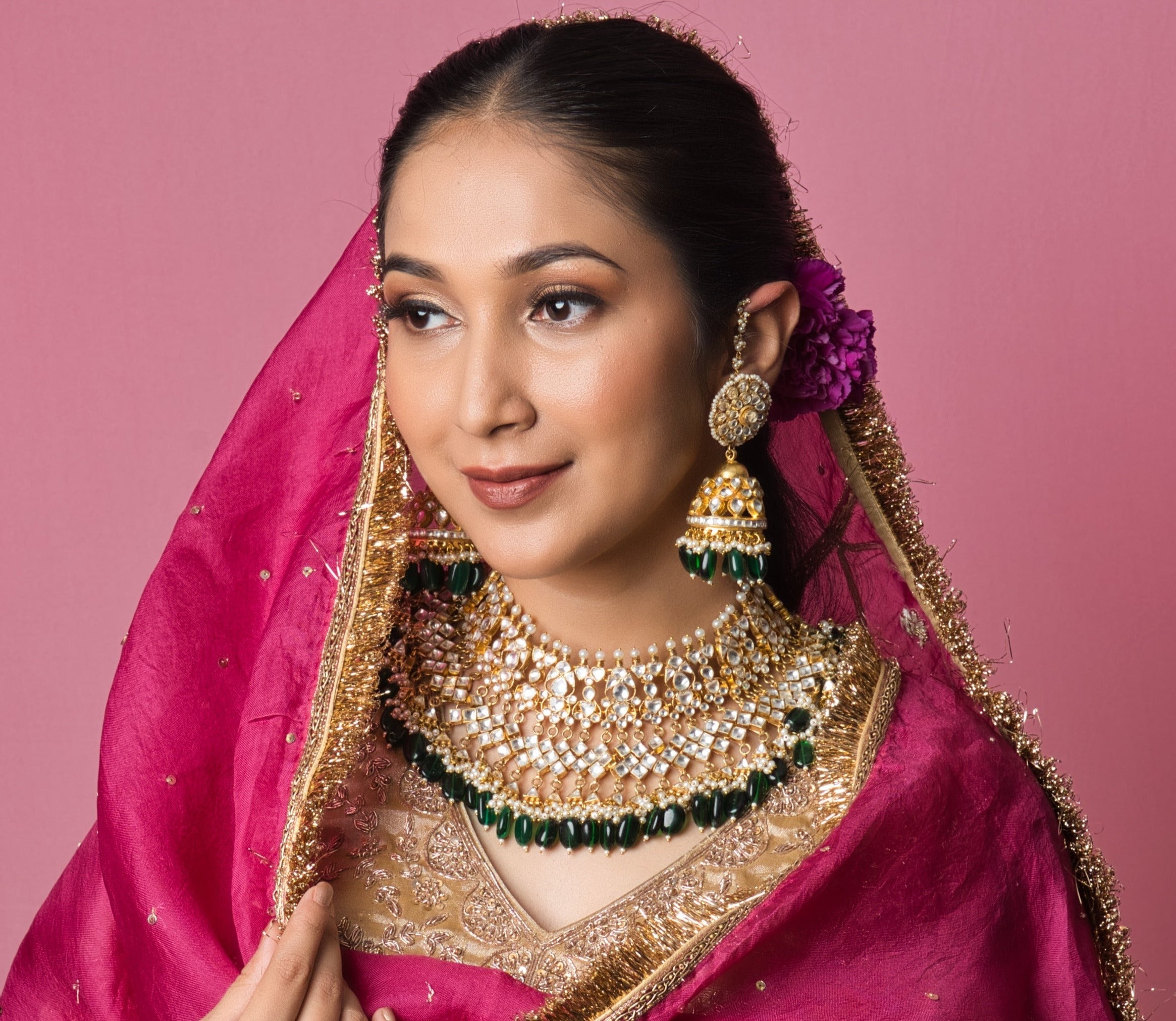 Emerald Toned Pachi Kundan Bridal Choker Set - with Jhumka Earrings - QUEENS JEWELS 