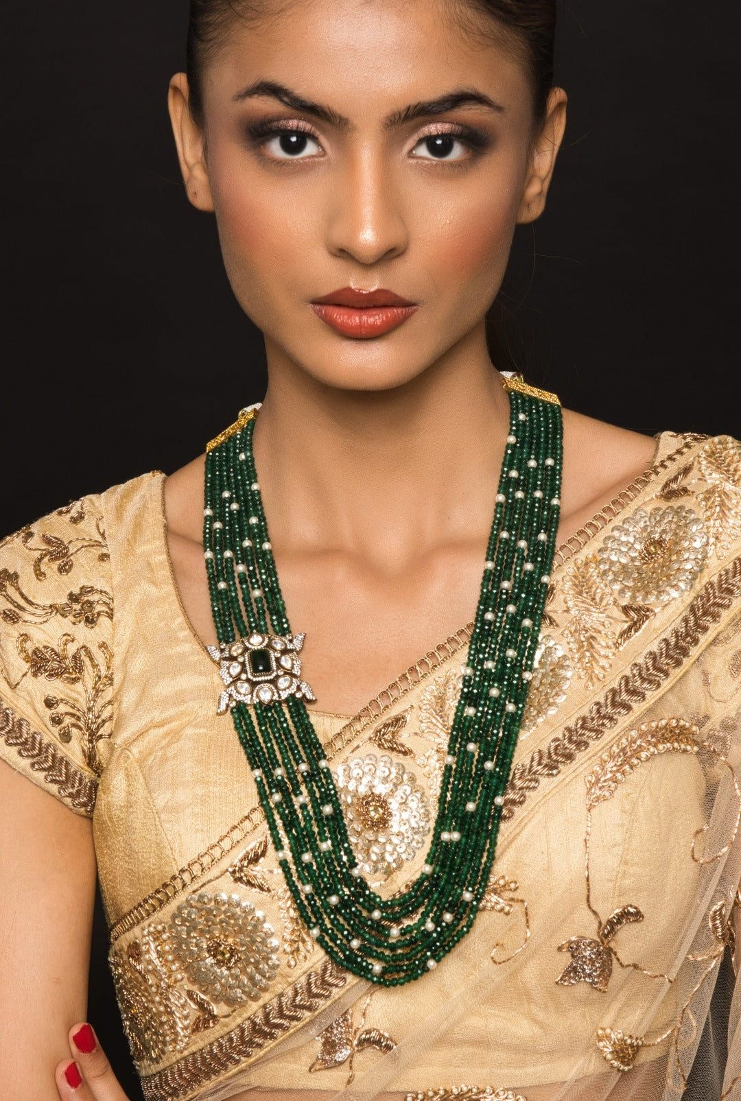 Adeena Multi layer Emerald Victorian Brooch Long Necklace - QUEENS JEWELS