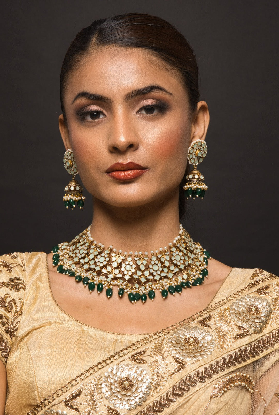 Araiya Mint Green Kundan Necklace Set With Earrings - QUEENS JEWELS