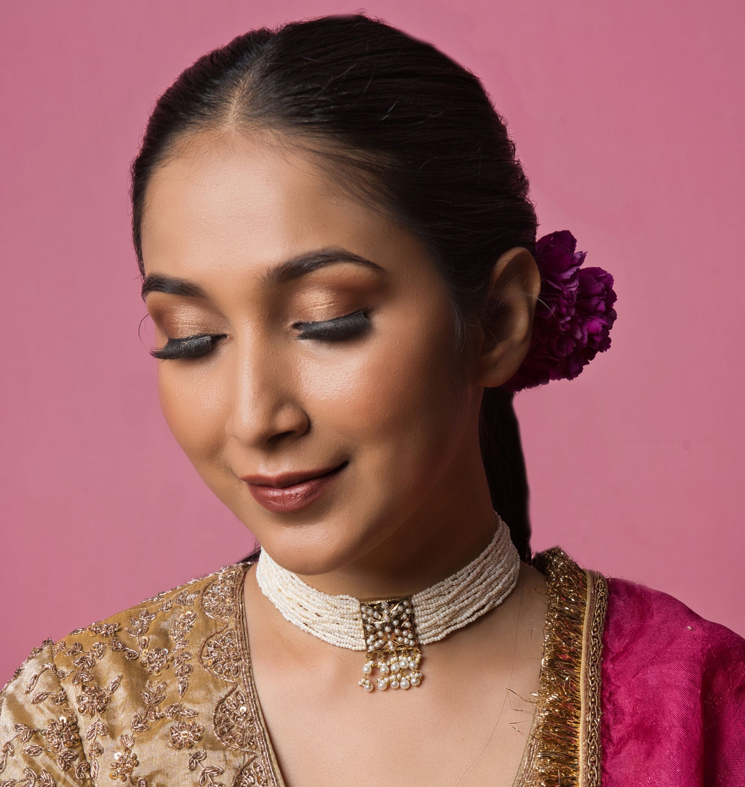 Classic White Tukdi Choker with intricate detailing, adjustable dori, and a sophisticated, radiant design.