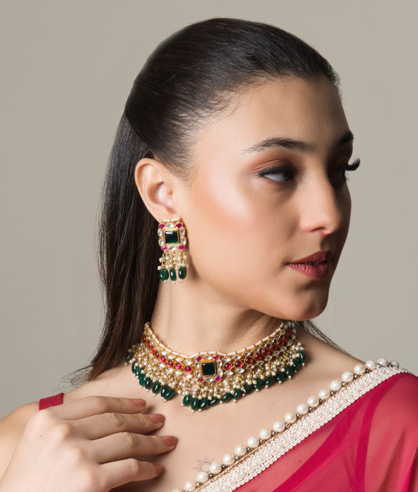 Multicolour Kundan Jewellery Set with Earrings, handcrafted and intricately designed, offering opulence and timeless elegance.