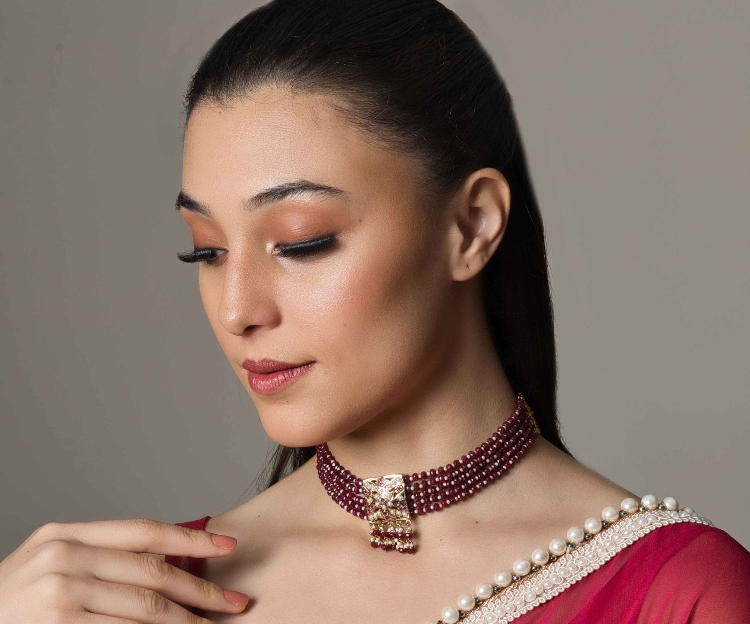 Chic Jadau Square Tukdi Red Choker - QUEENS JEWELS