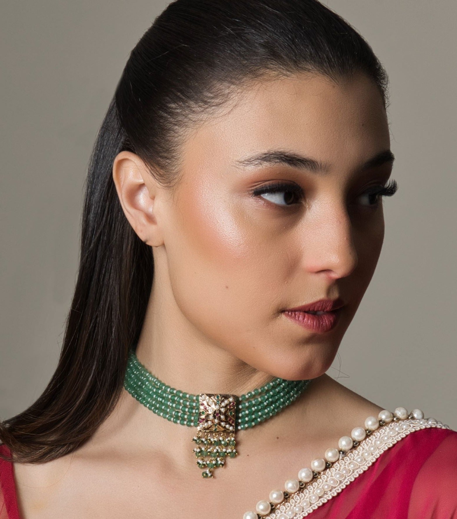 Chic Square Tukdi Green Choker with adjustable dori for a perfect fit, featuring trendy, vibrant design and striking details.