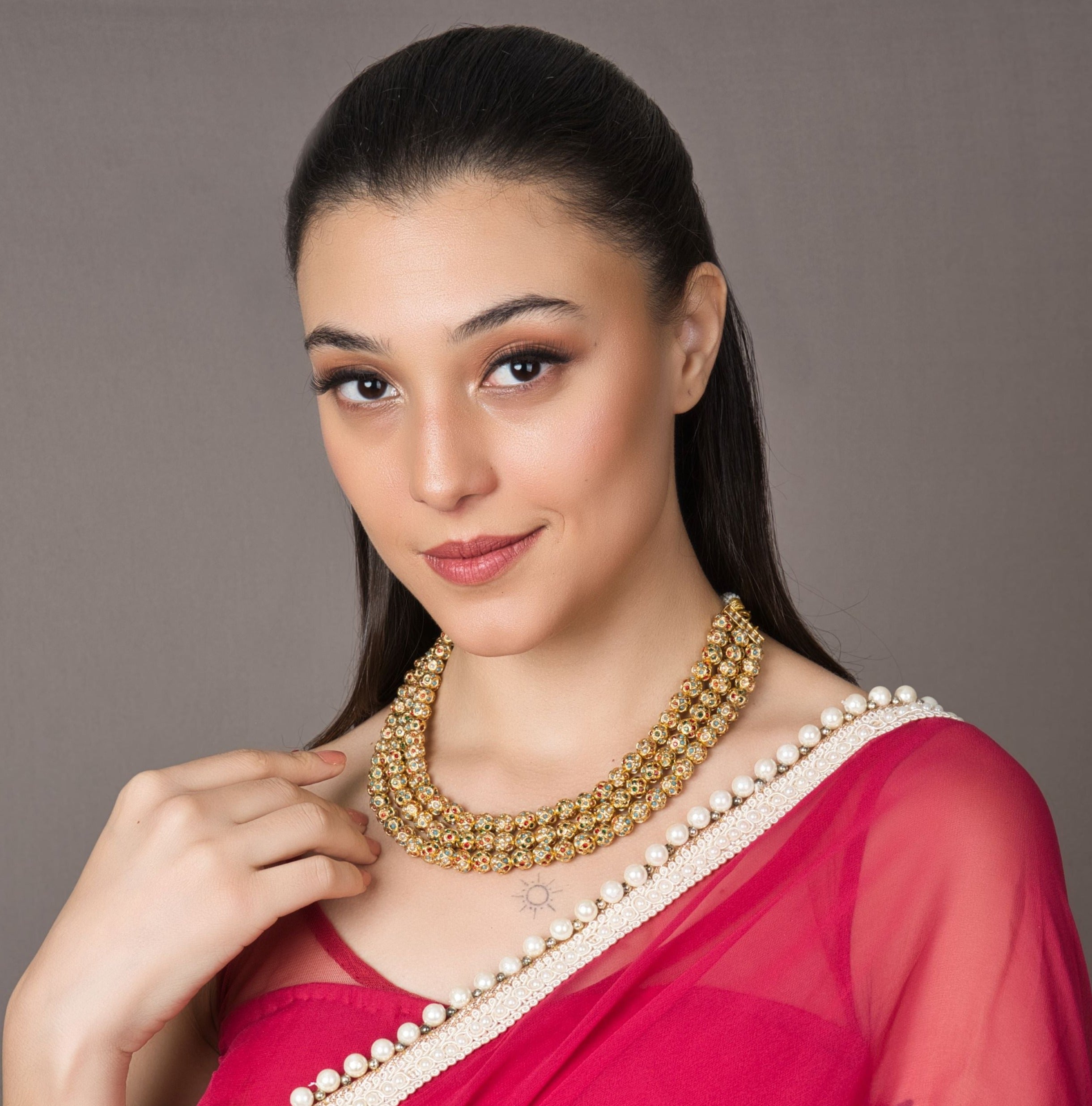 Triple Layer Sona Moti Graduation Necklace with intricate design and adjustable dori for easy wear, perfect for adding sophistication to any special occasion ensemble.