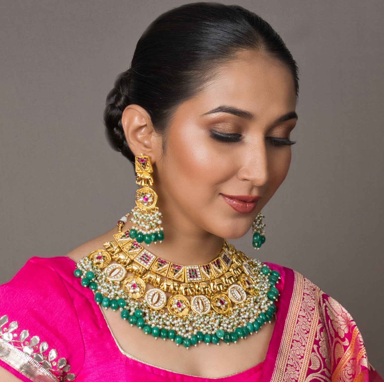 Opulent Temple Bridal Choker Set with Elegant Earrings - QUEENS JEWELS