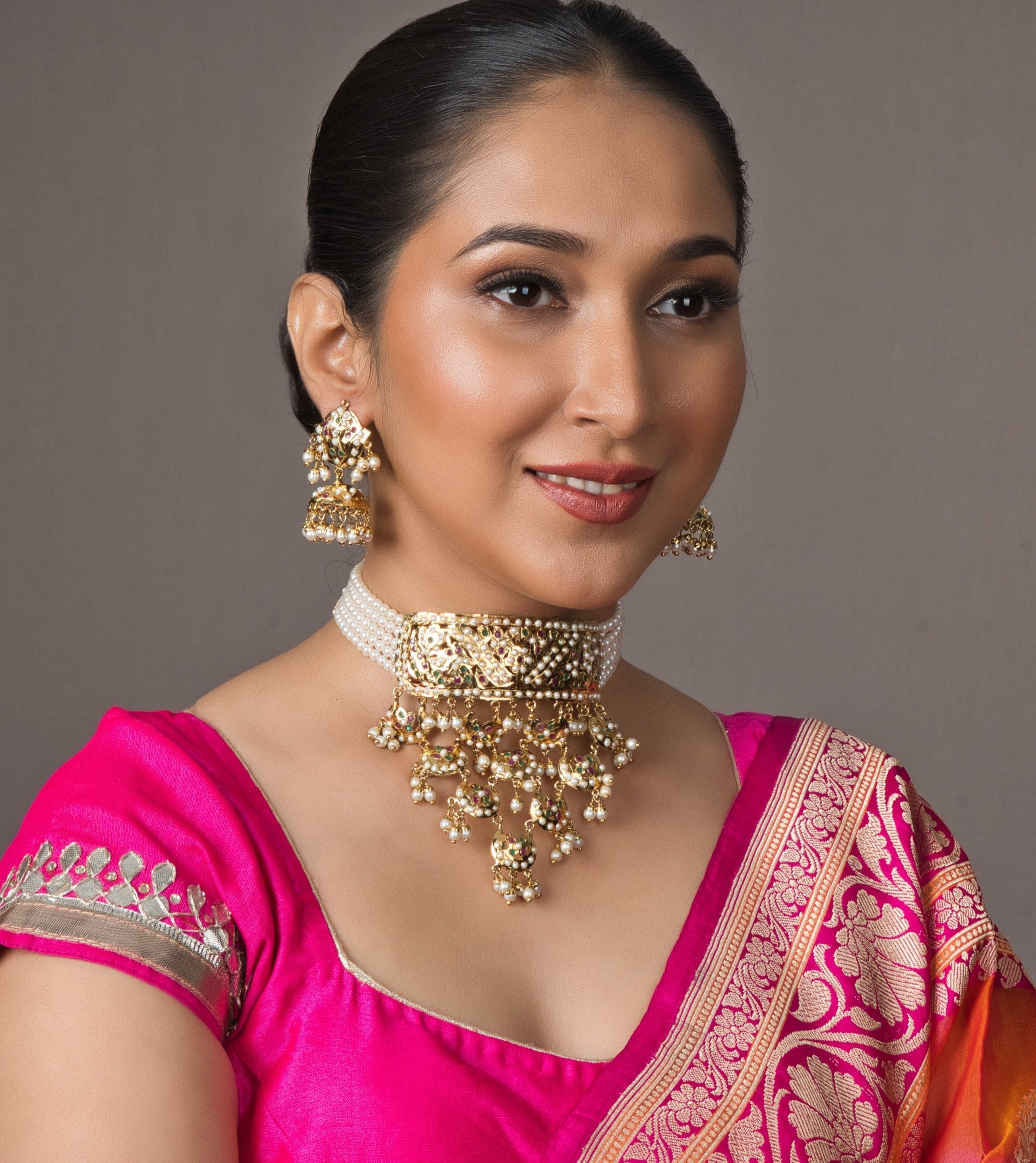 Waterfall Bridal Jadau Choker Set - with Jhumka Earrings - Multi Color - QUEENS JEWELS