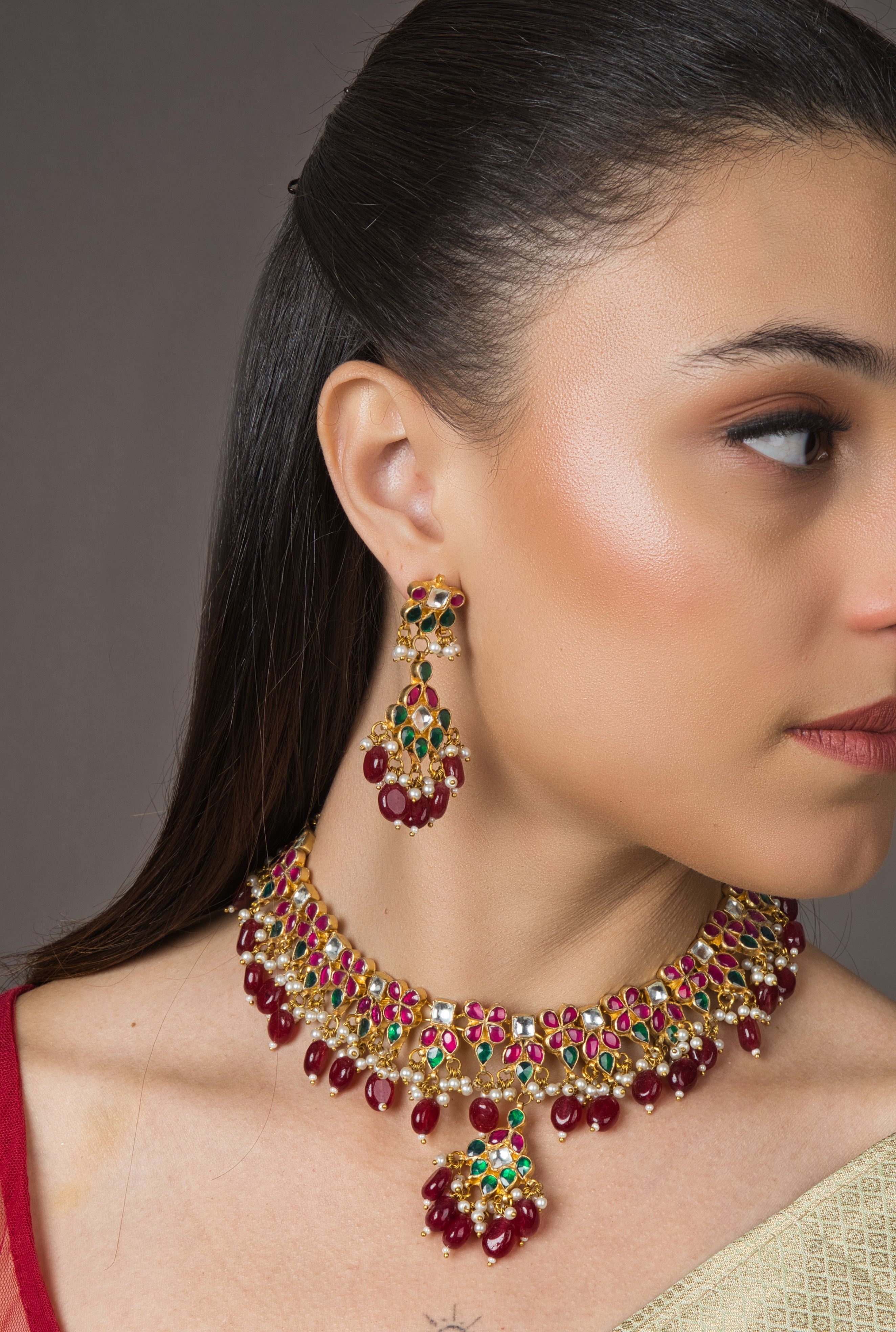 Bridesmaid's Red Kundan Choker Set - with Earrings - QUEENS JEWELS