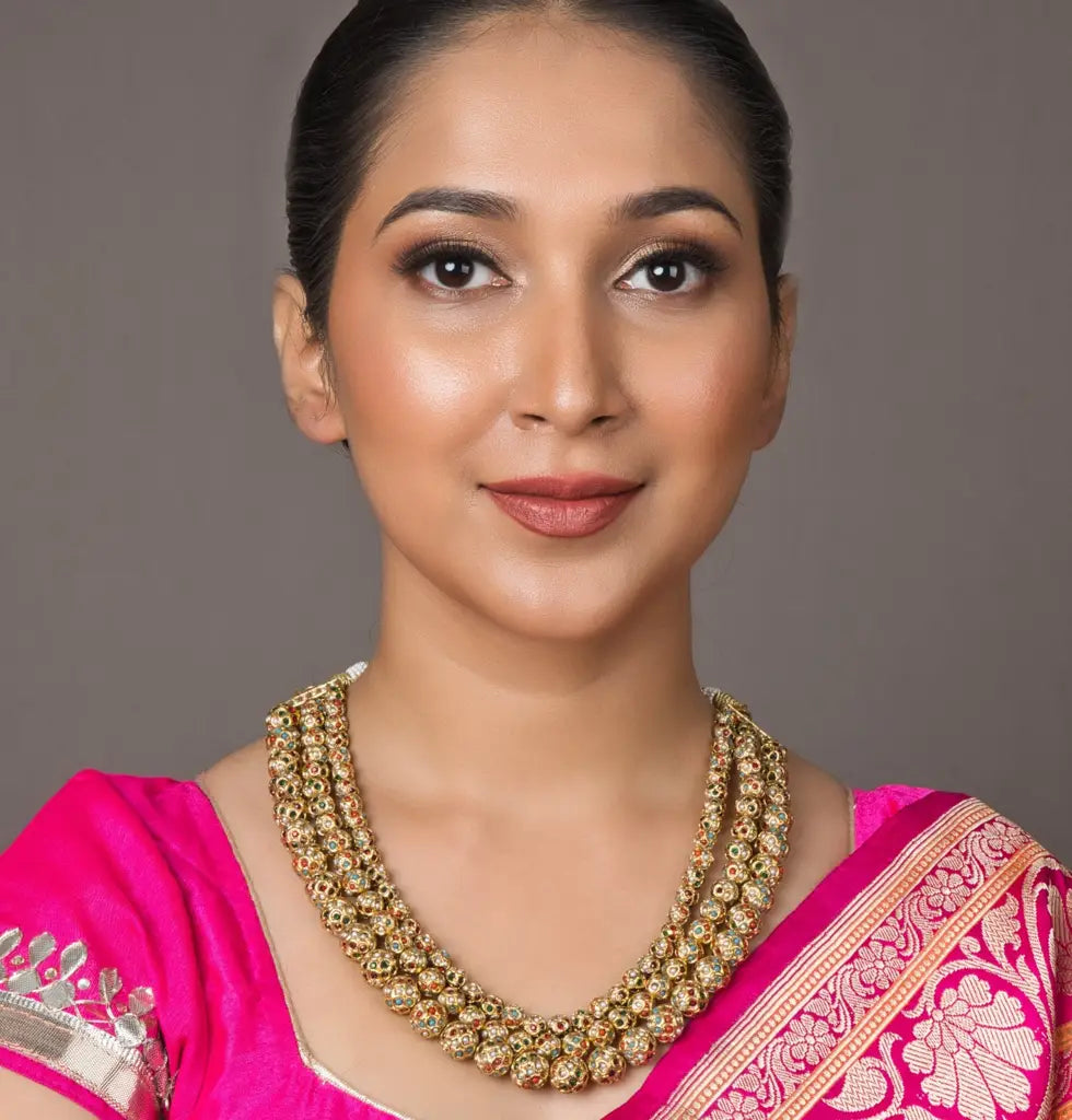 Triple Layer Sona Moti Necklace - Navratan - QUEENS JEWELS