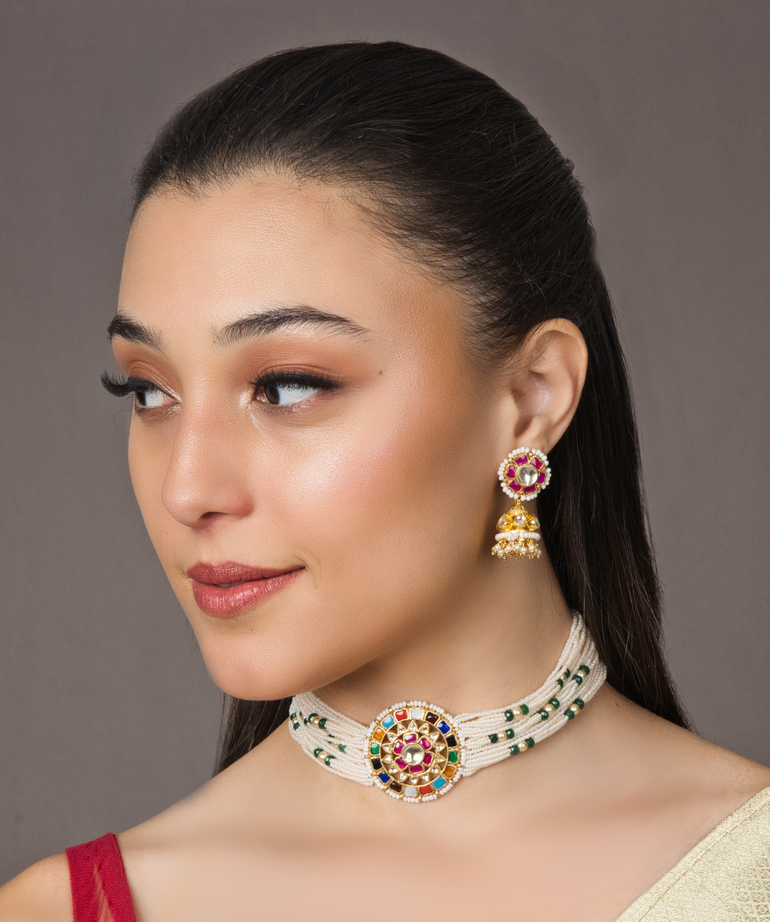 Barkha Kundan Choker with Earrings (Necklace and Earrings Set) - QUEENS JEWELS