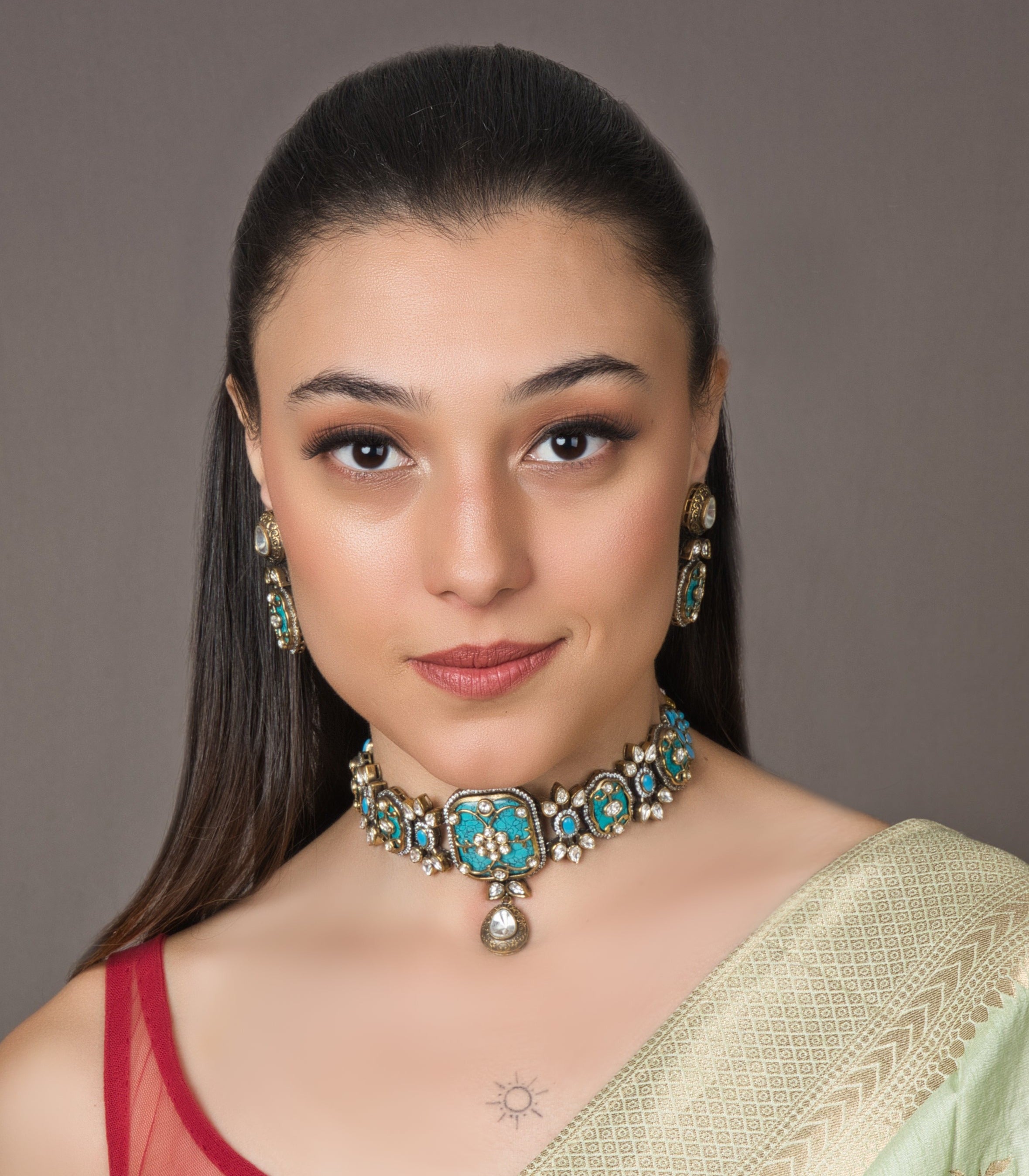 Oceanic Bliss Choker Set with matching earrings, inspired by ocean depths, featuring intricate details, adjustable Dori closure, and push-button clasp for elegance and sophistication.