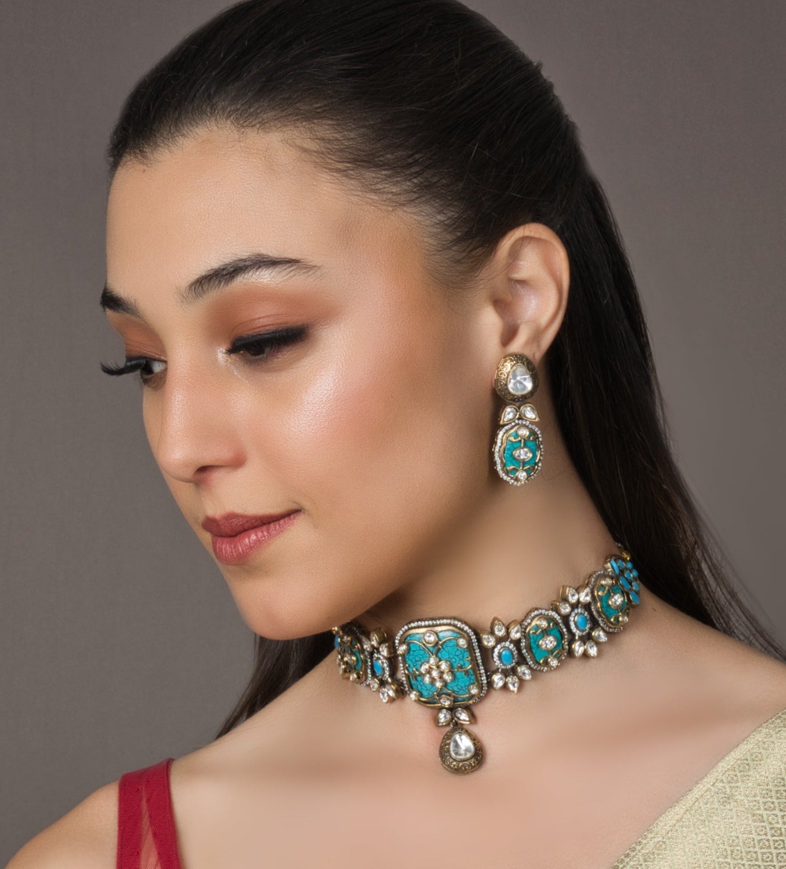 Oceanic Turquoise Blue Bliss Choker Set - with Earrings - QUEENS JEWELS