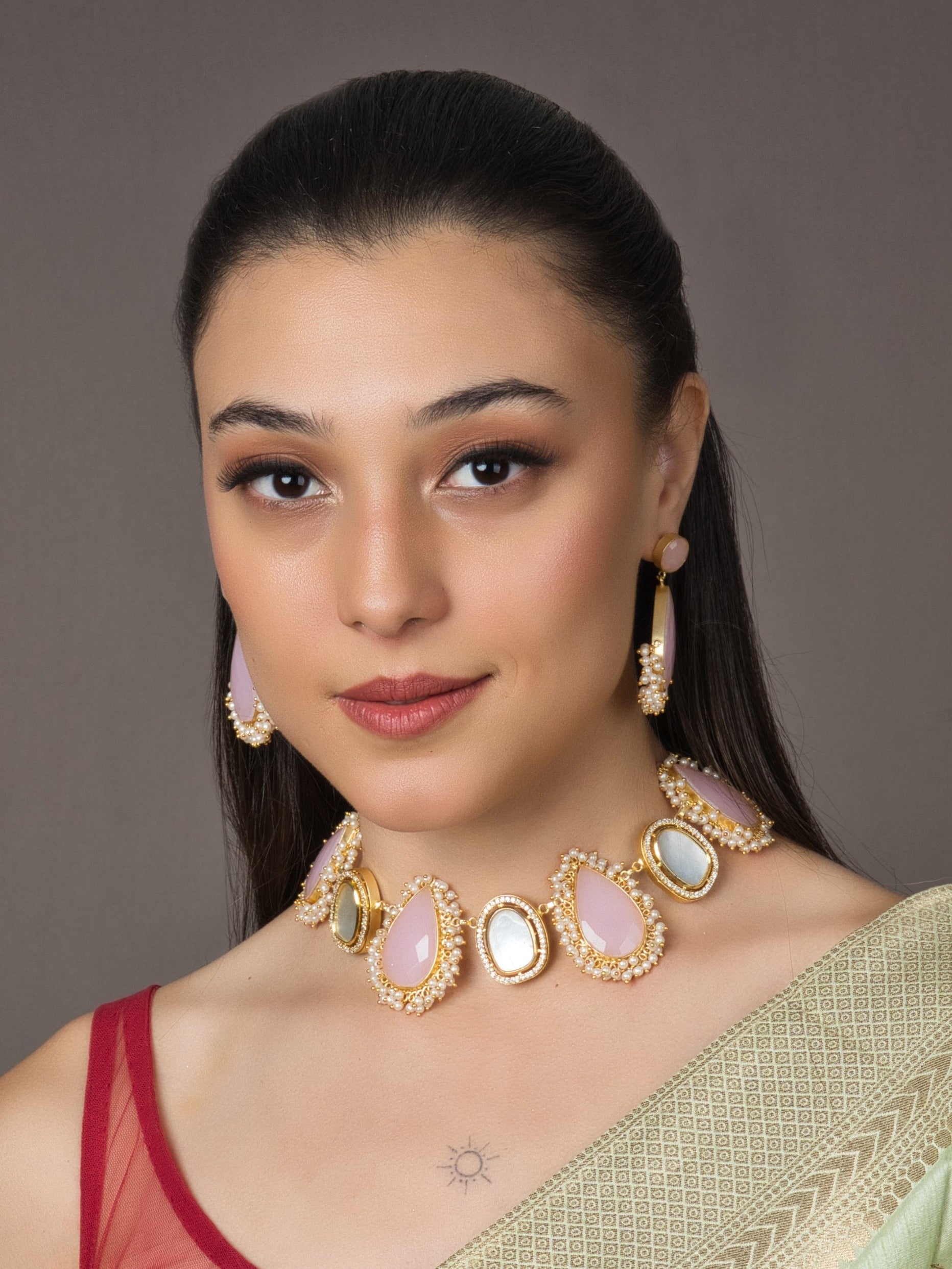 Jacqueline Pink Choker Set with delicate pink choker, adjustable chain, and push-button closure earrings for an elegant and sparkling look.