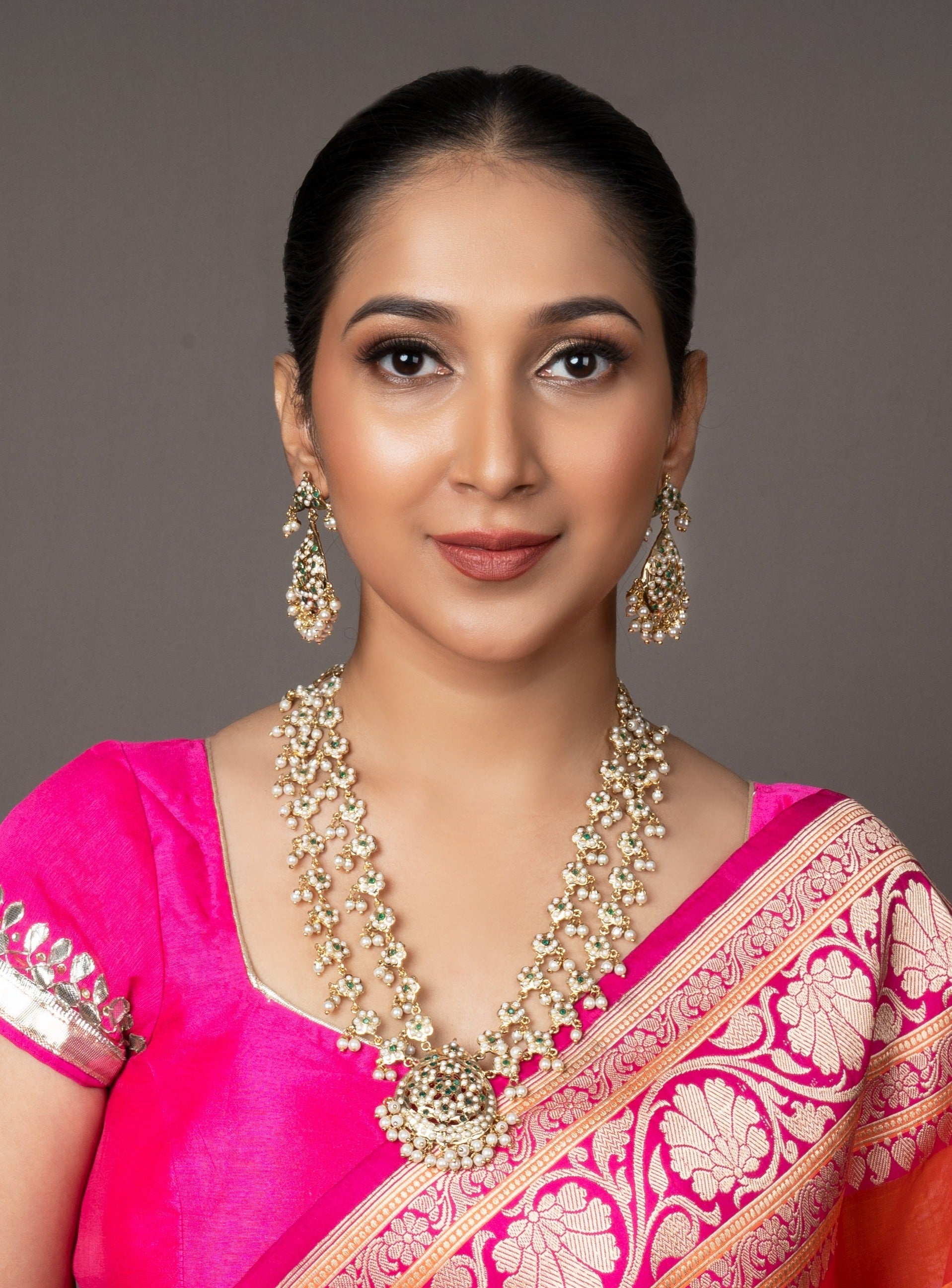 Elegant Double Layer Jadau Set with Earrings - Green - QUEENS JEWELS