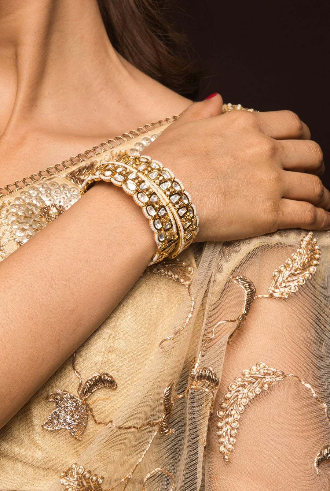 Ara Gold Plated Openable Pearl and Kundan Bangle Pair - QUEENS JEWELS