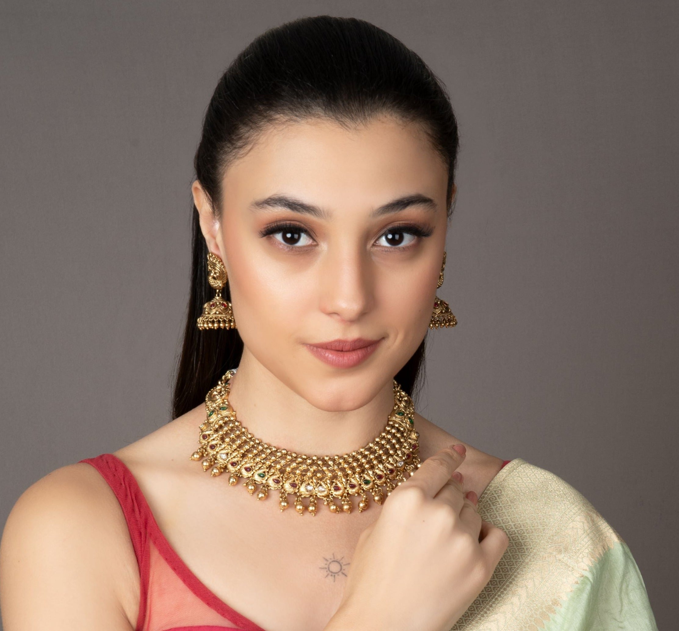 Gold Plated Peacock Motif Temple Choker Set  (Necklace & Earrings) - QUEENS JEWELS