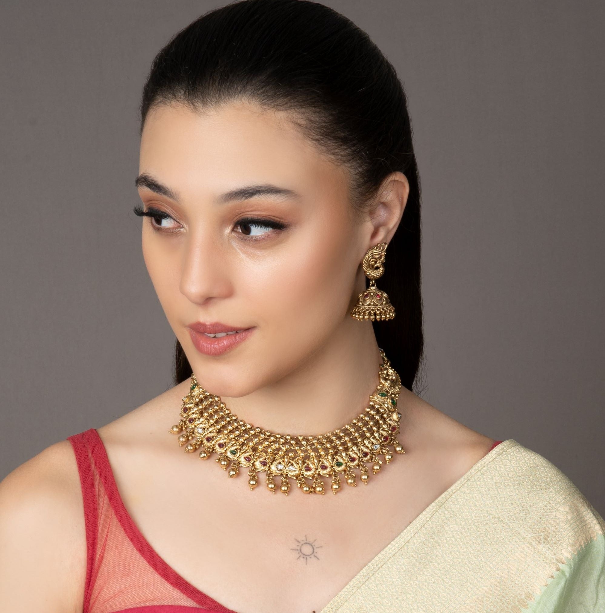 Gold Plated Peacock Motif Temple Choker Set  (Necklace & Earrings) - QUEENS JEWELS