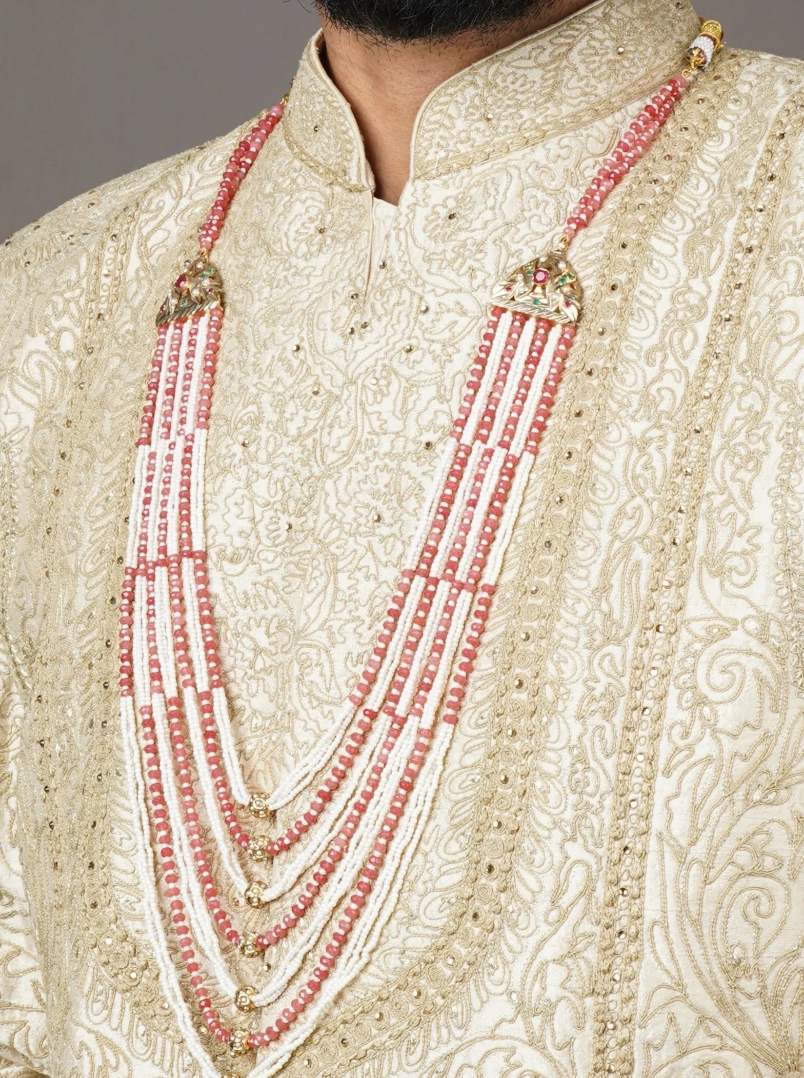 Multi layer Sherwani Mala - Coral and White - QUEENS JEWELS