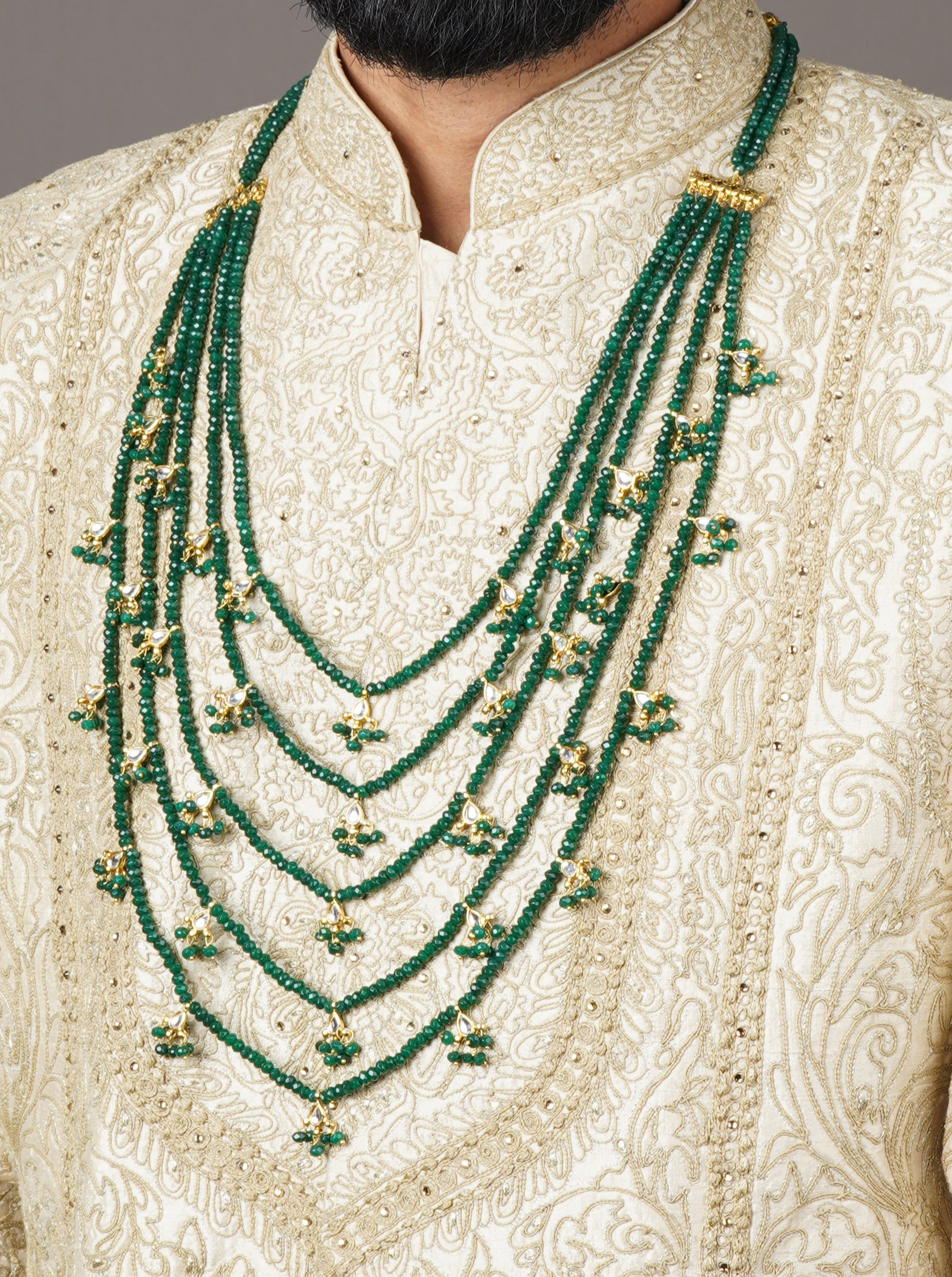 Majestic Multilayer Kundan Groom Sherwani Mala - Green - QUEENS JEWELS 