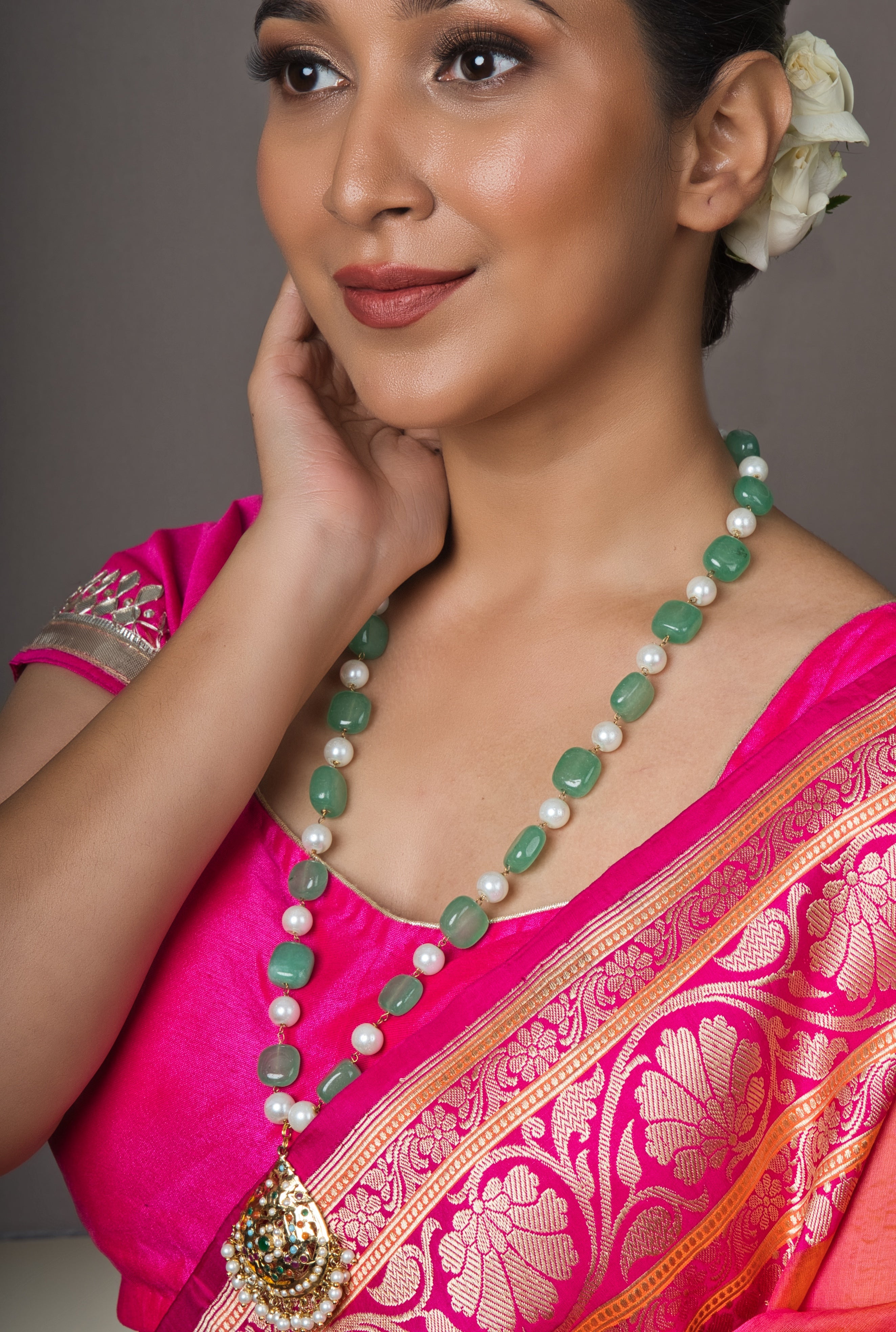 Majestic Navratan Jadau Pendant with Green Semi Precious Stone Necklace - QUEENS JEWELS