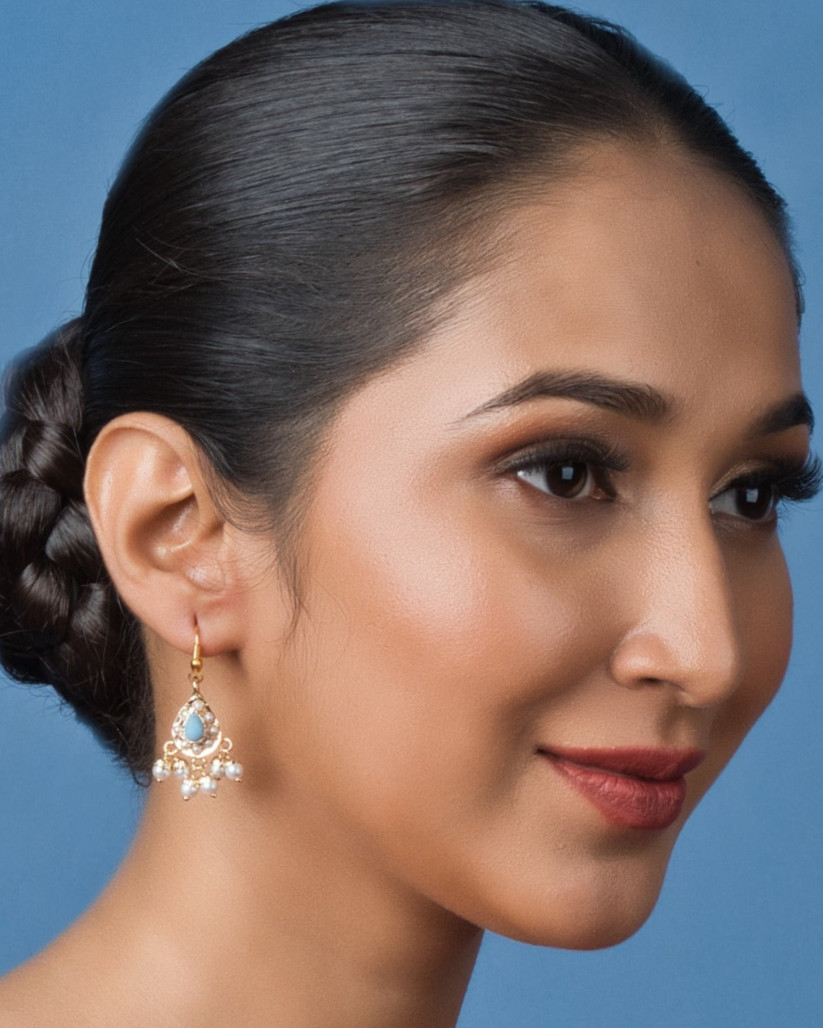 Blue Stone Jadau Earrings with White Moti - QUEENS JEWELS