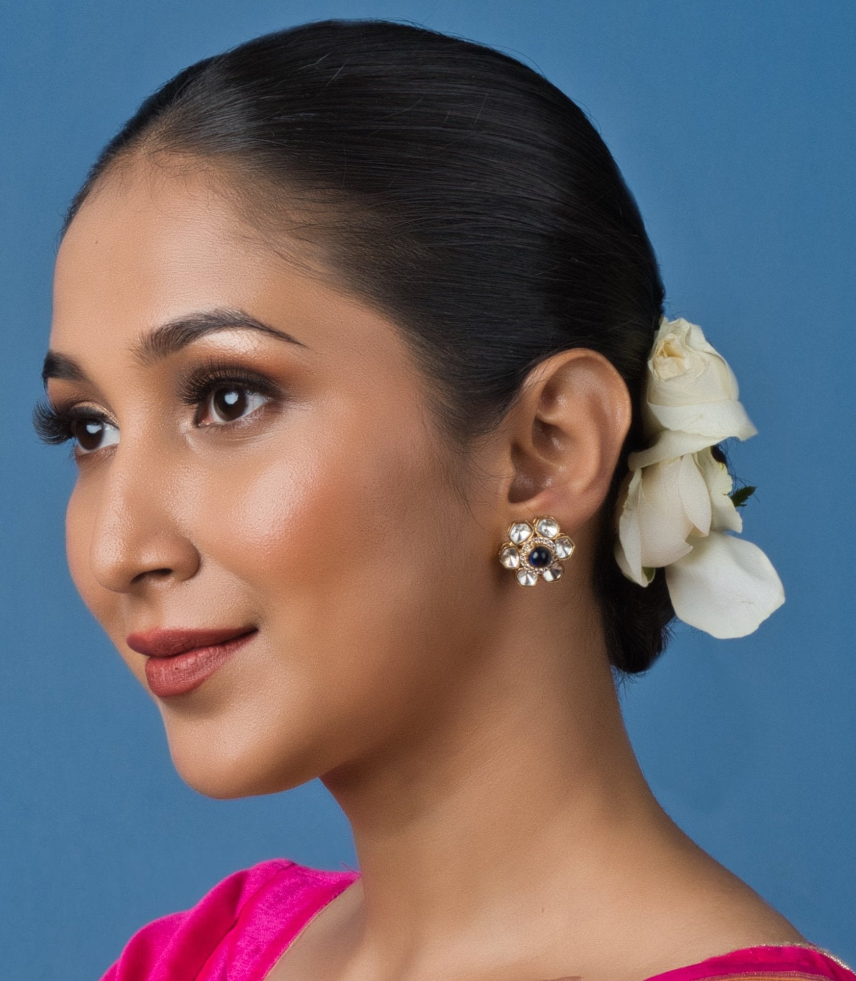 Flower Polki Stud Earrings - QUEENS JEWELS