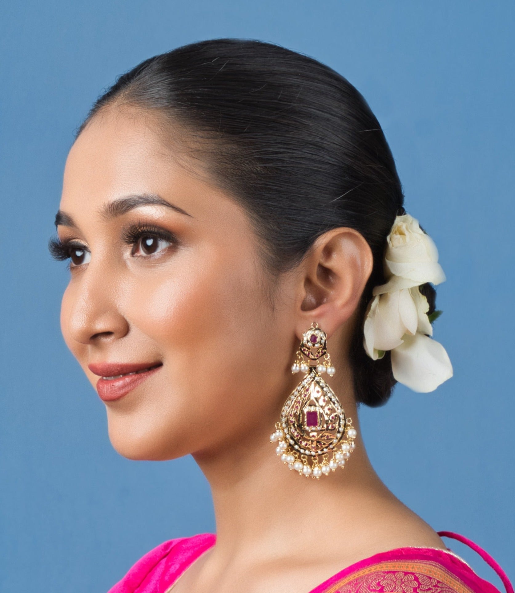 Crimson Red Dropshade Chaandbali earrings and tikka set with ornate 18k gold plating.