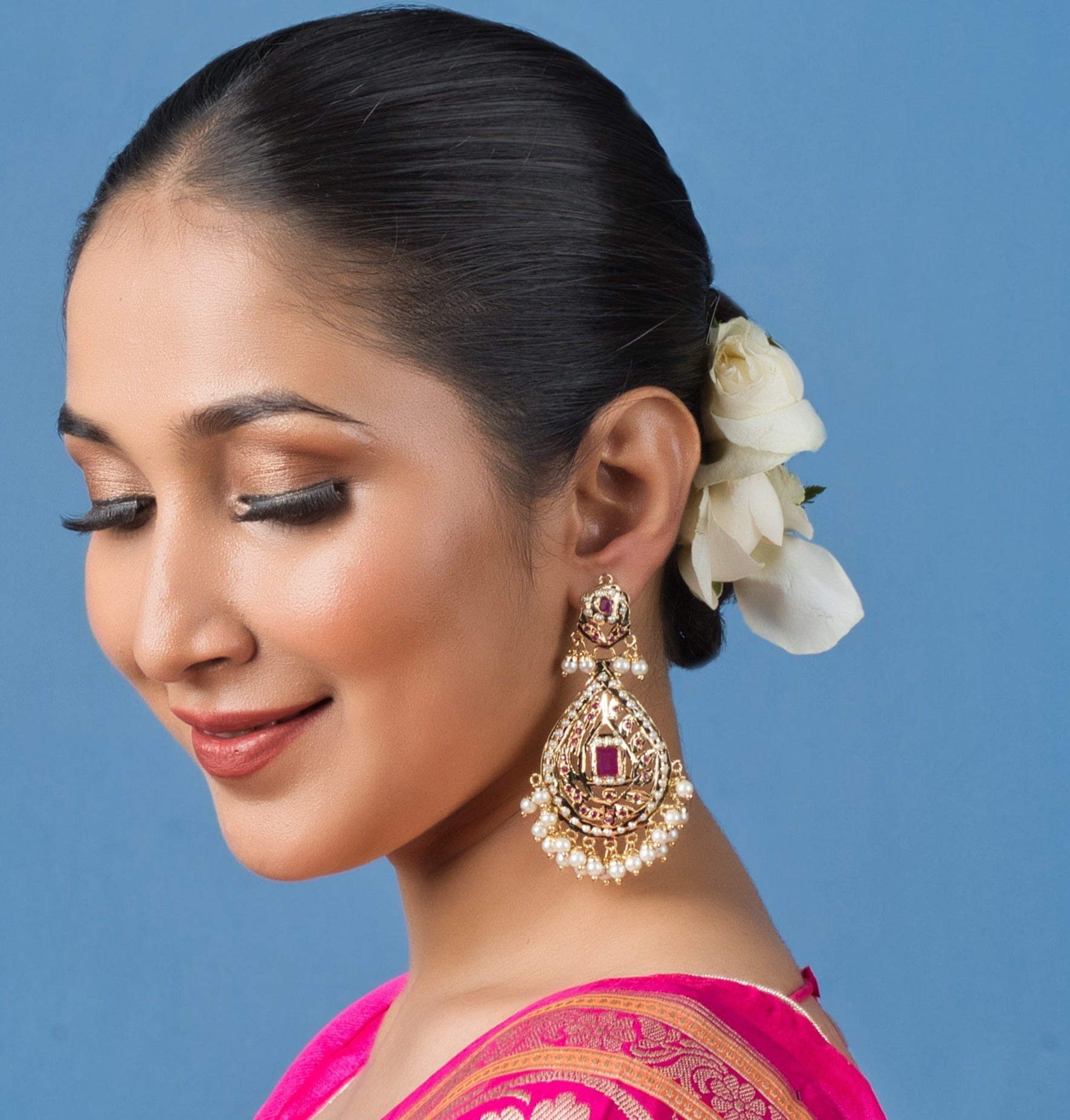 Crimson Red Dropshade Chaandbali earrings and tikka set with ornate 18k gold plating.