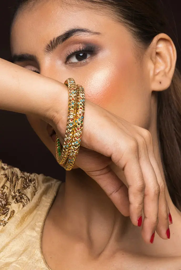 Tanika Gold Plated Navratan Jadau Bangle Pair - QUEENS JEWELS