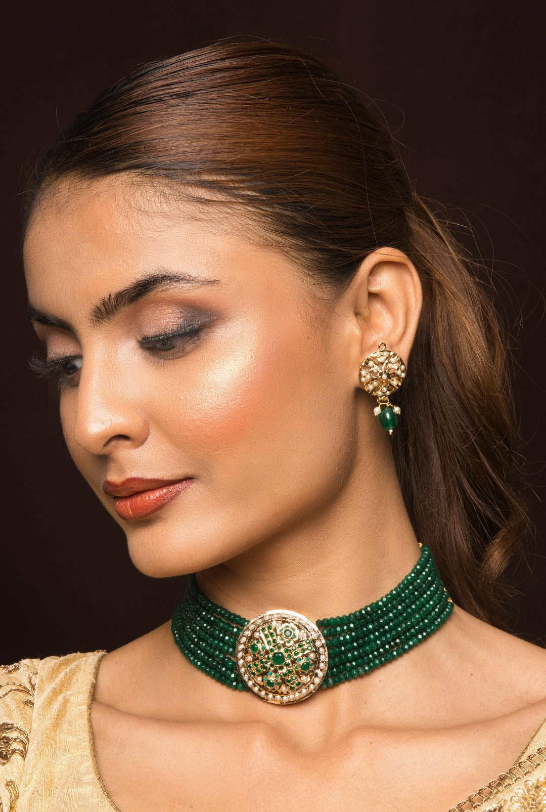 Amya Jadau Green Choker Necklace - QUEENS JEWELS