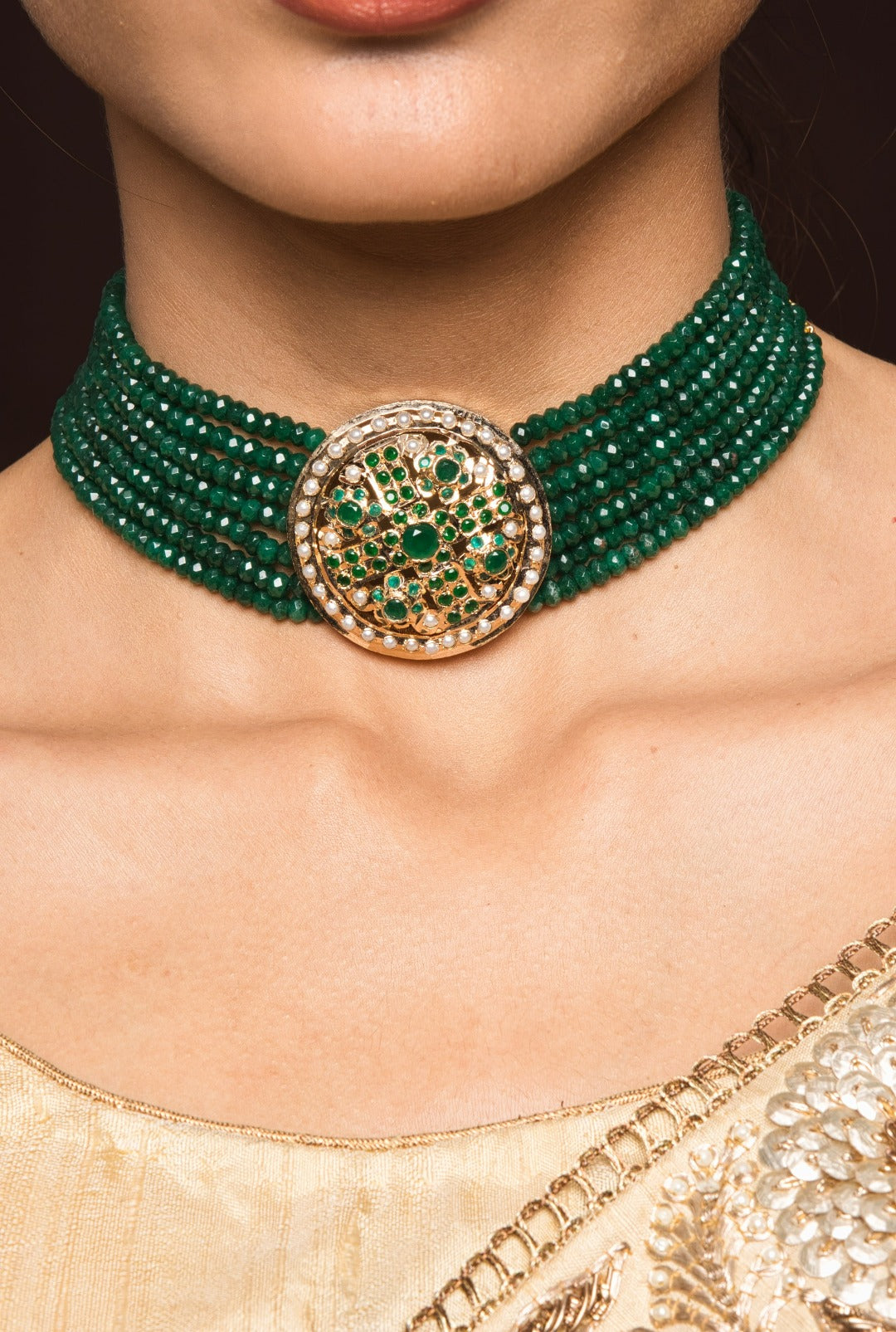 Amya Jadau Green Choker Necklace - QUEENS JEWELS