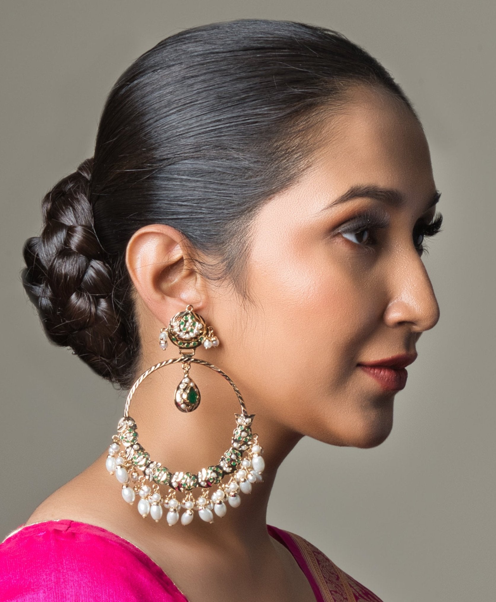 Shanaya Jadau Green Chaandbali Earrings - QUEENS JEWELS