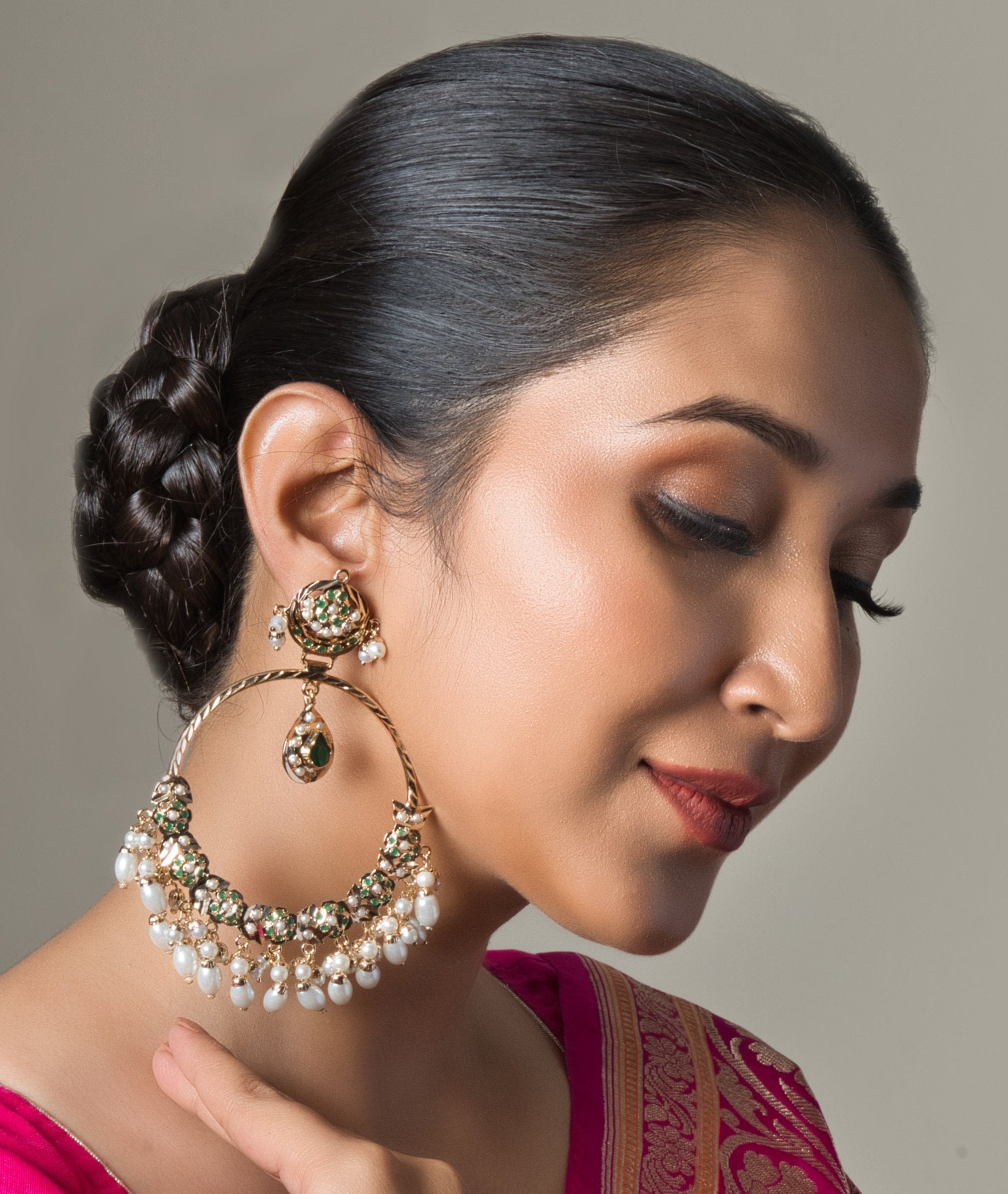 Shanaya Jadau Green Chaandbali Earrings - QUEENS JEWELS