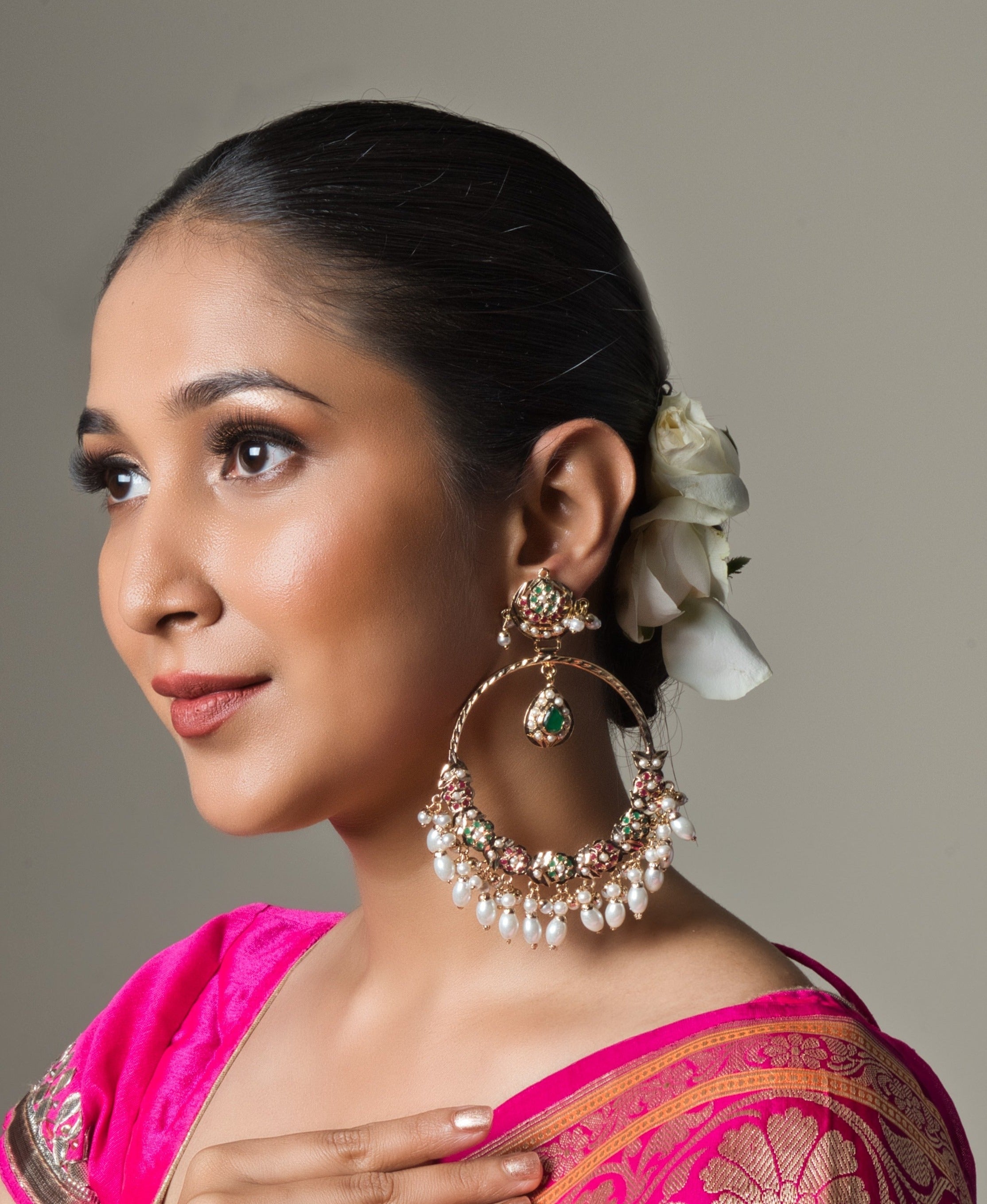 Sheenam Jadau Chaandbali Earrings - Multicolor - QUEENS JEWELS