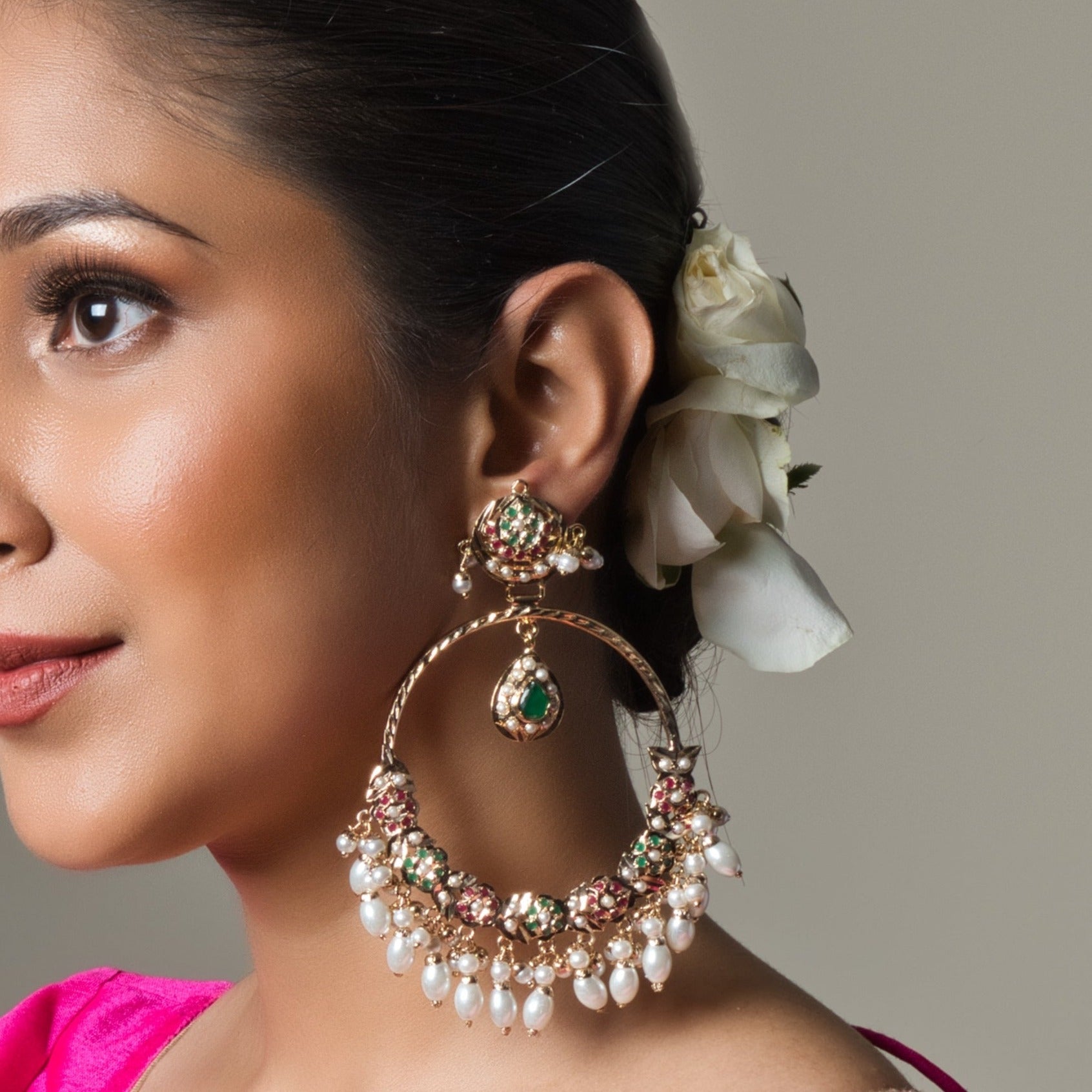 Sheenam Jadau Chaandbali Earrings - Multicolor - QUEENS JEWELS