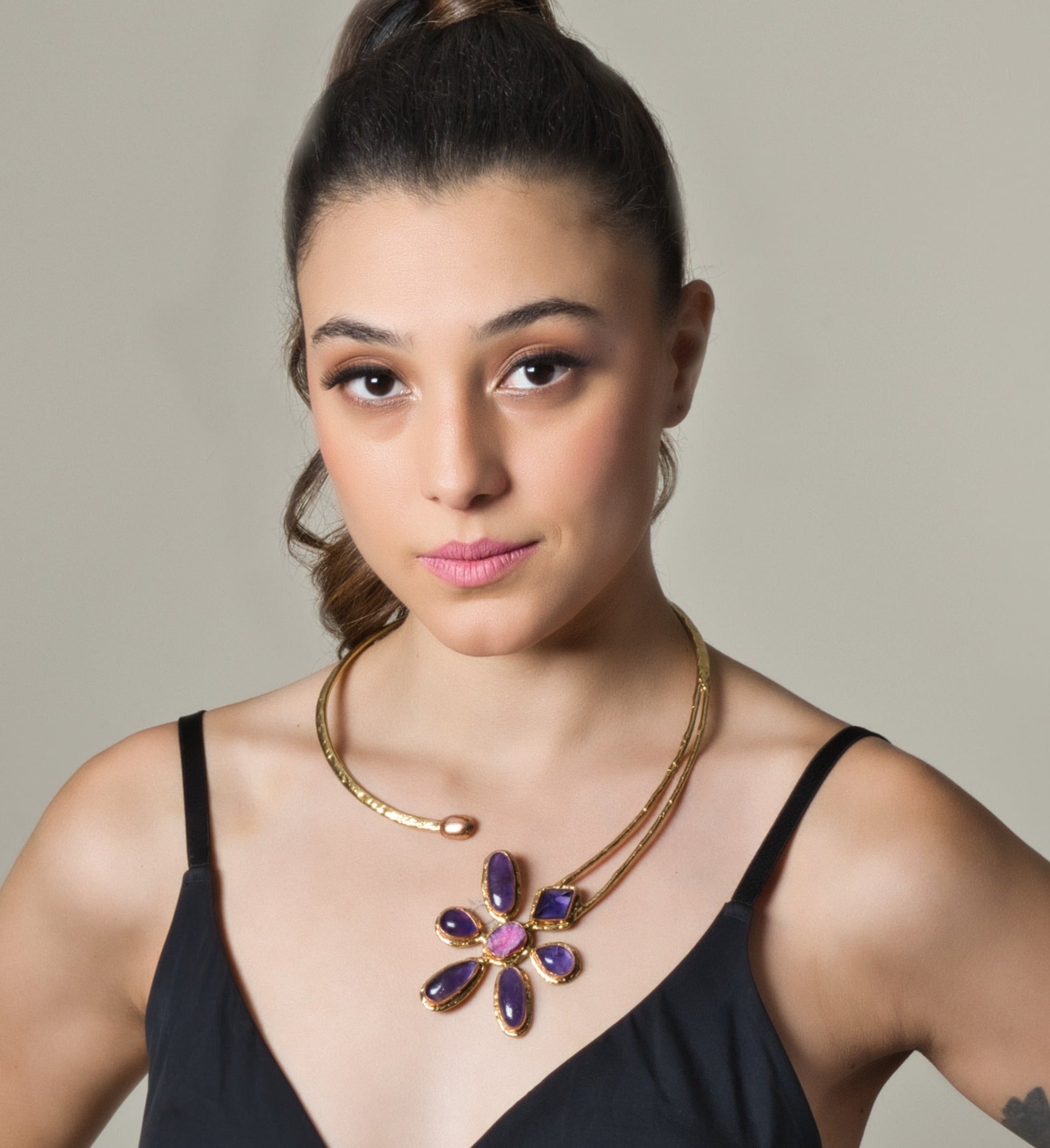 Floral Semi Precious Amethyst Necklace - Adjustable - QUEENS JEWELS