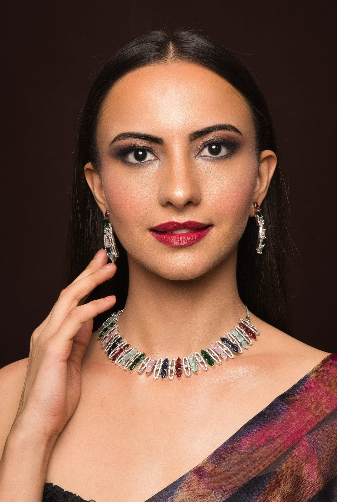 Afreya American Diamond Multicolour Necklace Set With Earrings - QUEENS JEWELS